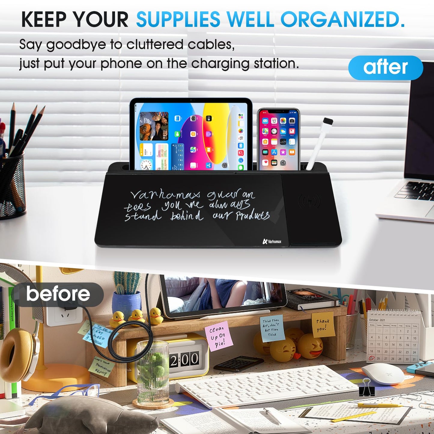 Varhomax Glass Desk Whiteboard Black with Wireless Charger, Desktop Dry Erase White Board with Storage,to Do List Memo Notepad for Home and Office