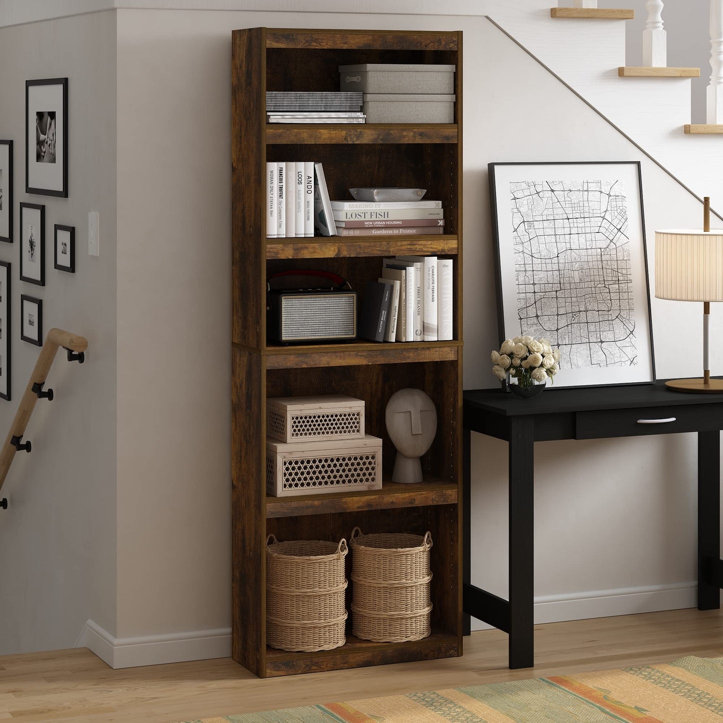 Furinno Jaya Book Shelf, 5-Tier Bookshelf, Bookcase, with Adjustable Shelves, 9.5" x 24.5" x 71.1", for Organization and Storage, for Home Office, Living Room, Amber Oak