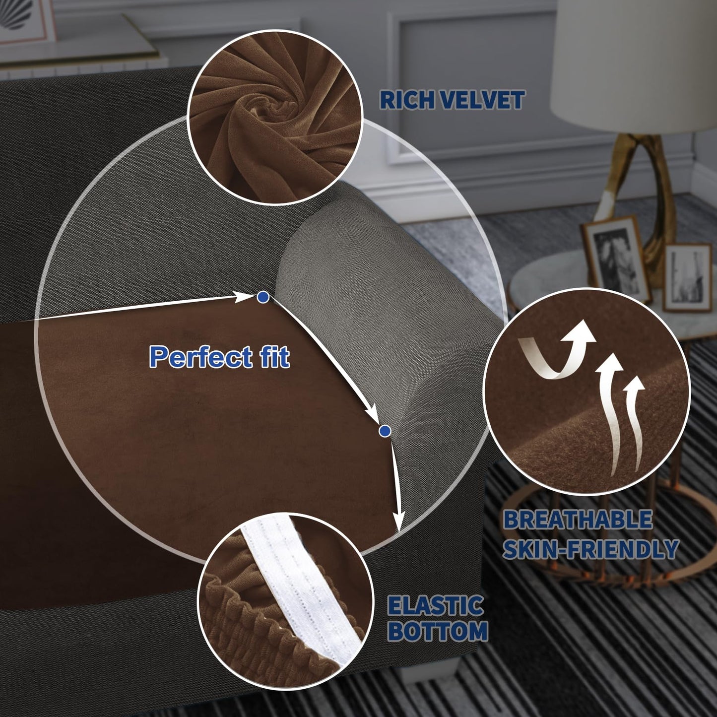 MAXIJIN Velvet Stretch Cushion Cover Fitted Couch Cushion Slipcovers 1 Pack Arm Chair Seat Cushion Cover for Individual Cushion Sofa Chair with Elastic Bottom (Chair Cushion, Dark Coffee)