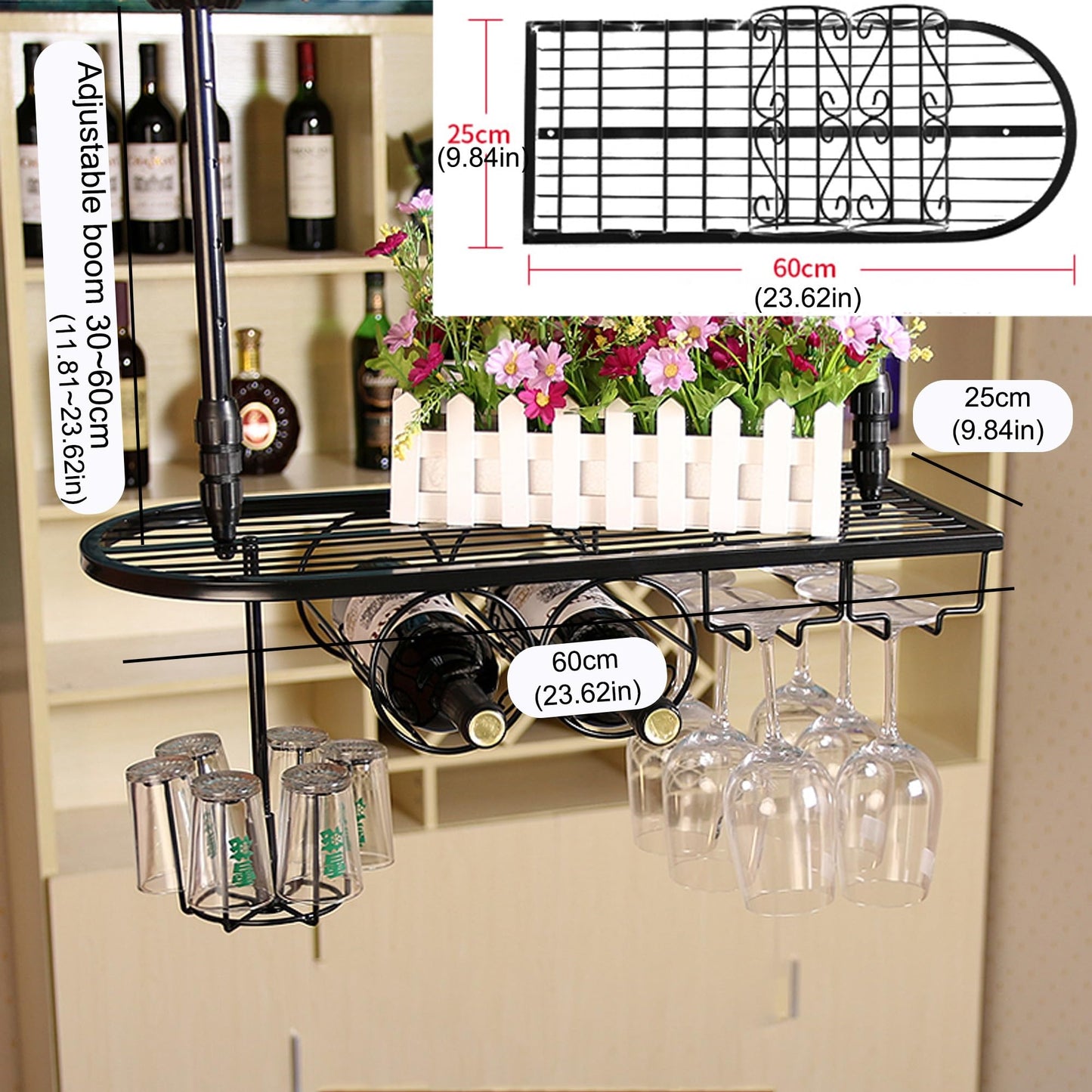 GYRHNNP Wine Rack Wall Mounted with Glass Holder and Liquor Bottle Display Shelf Mini Bar Organizer for Home Bar Dining Room Kitchen or Cafe Black 60cm