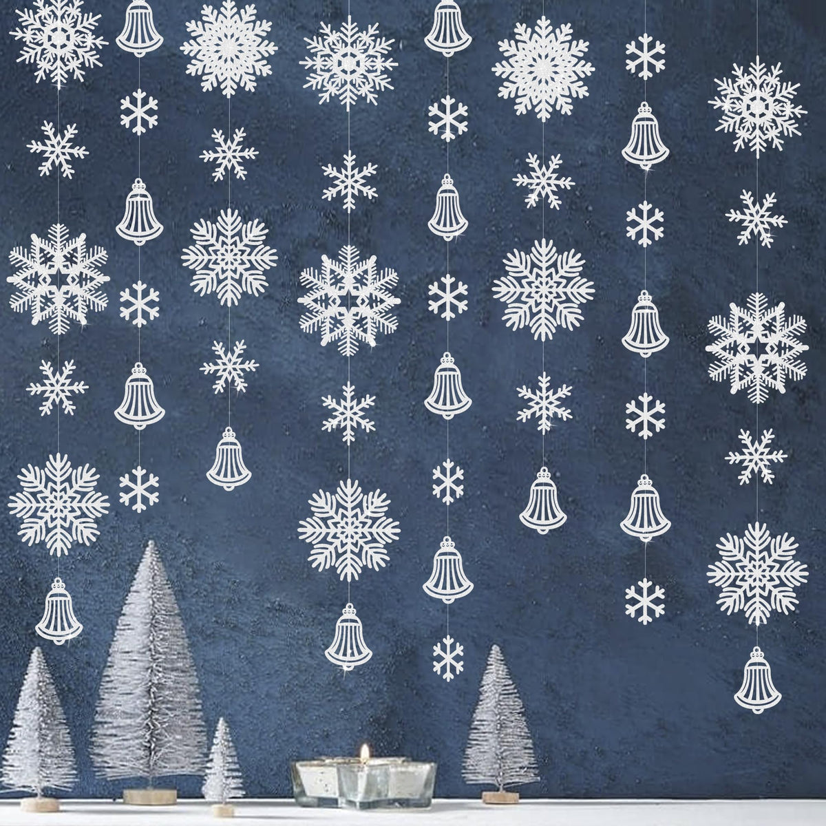 40Ft White Snowflakes Bell Garland Glitter Paper Big Snowflakes Hanging Streamer Backdrop for Winter Wonderland Christmas Holiday Birthday Home Window Wall Room Decor