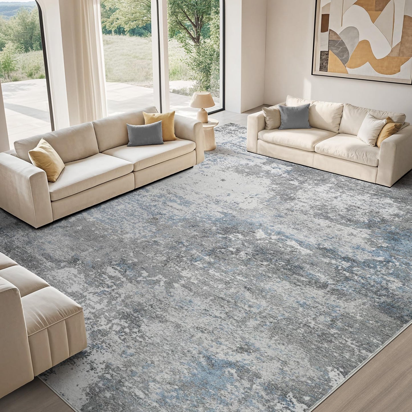 Micgeek Area Rug Living Room - 9X12 Abstract Washable Large Soft Foldable Non Slip Rug Neutral Modern Low Pile Carpet for Bedroom Nursery Dining Room Farmhouse Home Office Indoor - Grey Blue