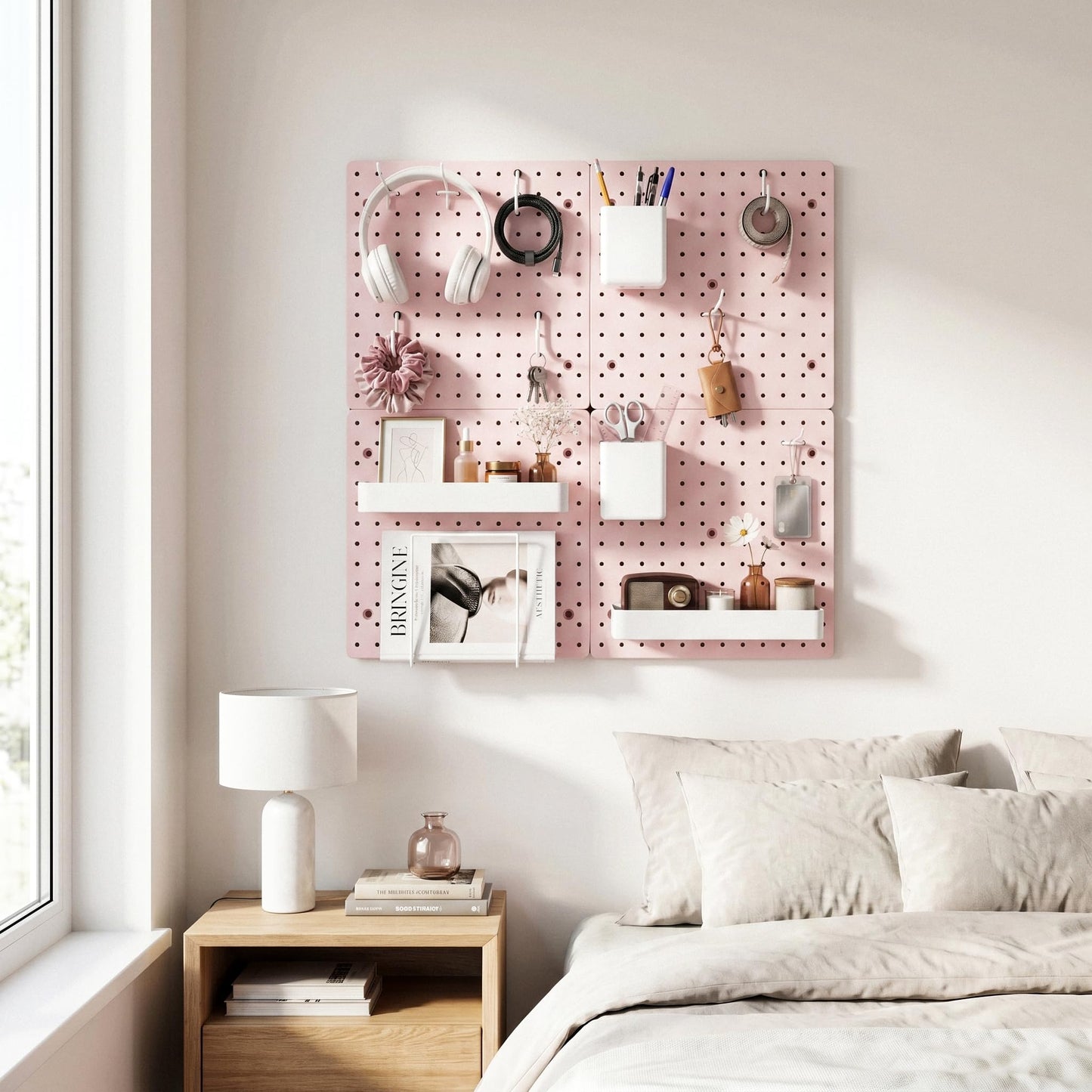 FZK Pink Peg Board Wall Organizer, 12" x 12" Modular Plastic Pegboard Display Panels for Office, Bedroom & Home Decor, Wall Mount Storage Kit with Hooks & Shelves (4 Panels)