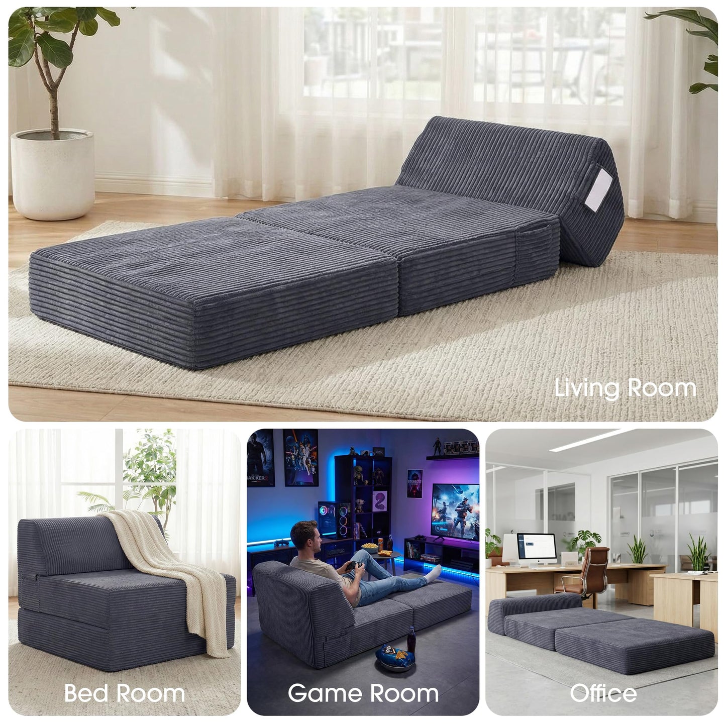 Kasunpul Folding Sofa Bed with Pillow, Memory Foam Fold Out Chair Bed, Convertible Sleeper Chair with Washable Cover, Futon Floor Couch for Living Room/Dorm/Guest Use/Home Office/Apartment, Gray
