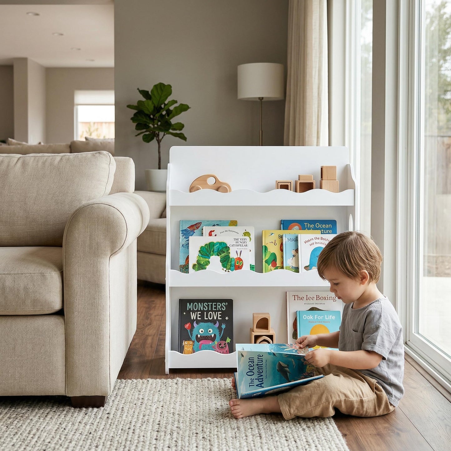 AMMEHOELA Wood Kids Bookshelf Montessori DutchDesign,SnowfallWhite