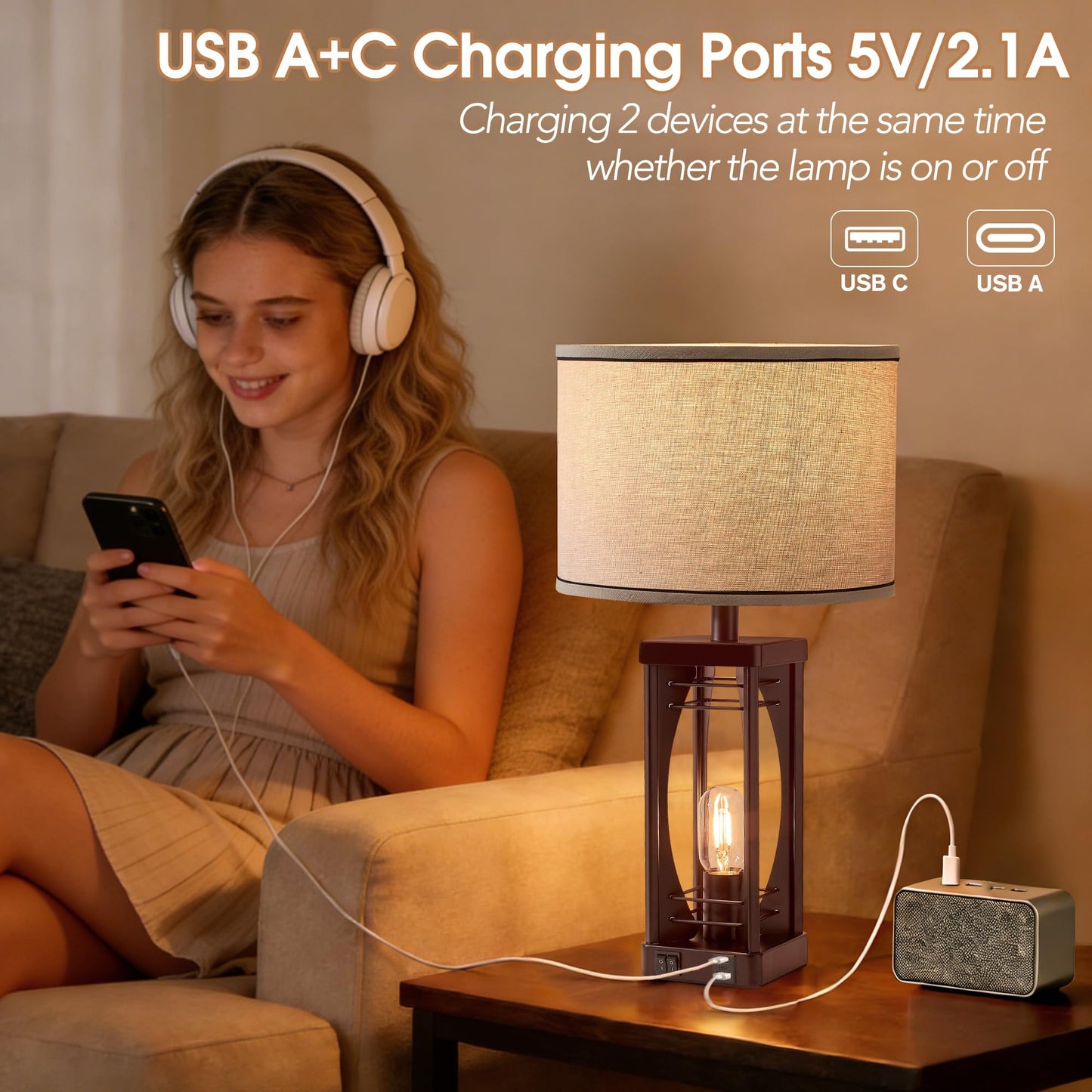 SRJJA Farmhouse Table Lamps Set of 2 for Living Room, Rustic Bedside Nightstand Lamps with USB A+C Charging Ports, 22.5" Dual Light Industrial Table Lamp with Linen Shade for Bedroom End Tables