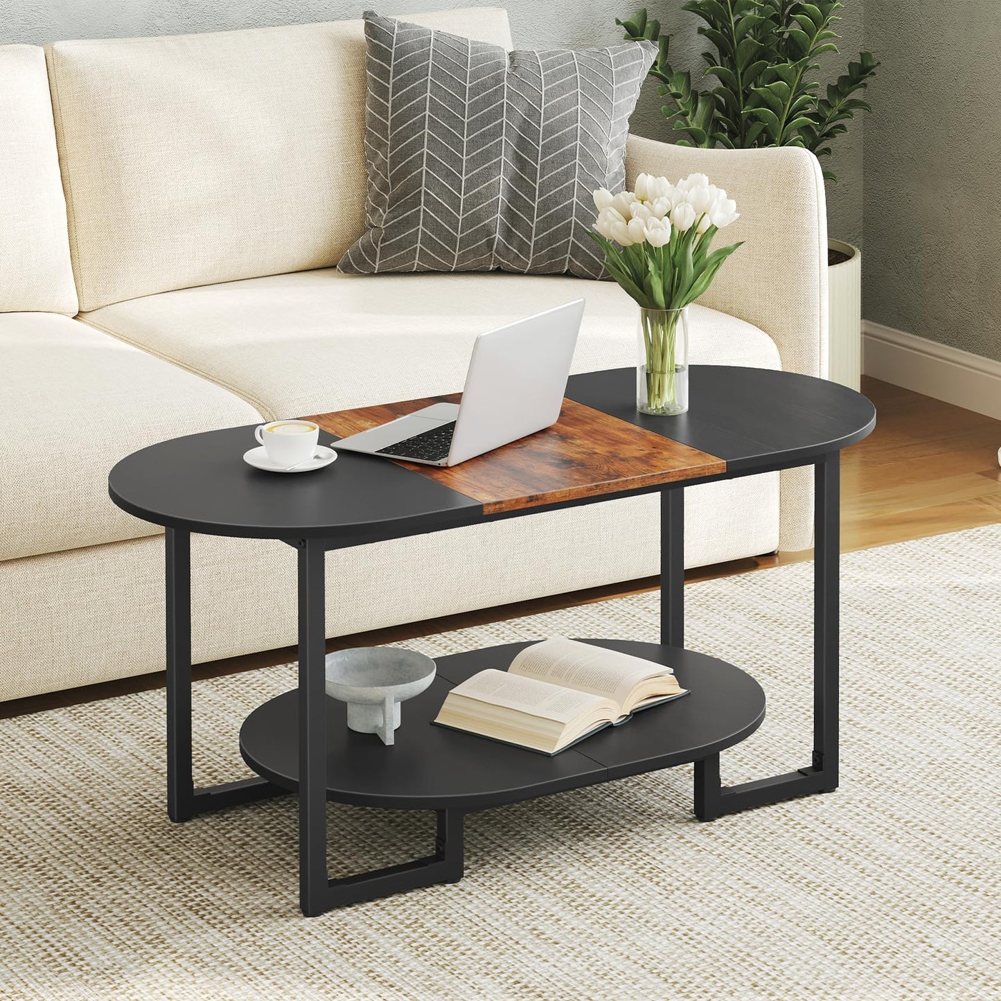 HOOBRO Coffee Table for Living Room, Oval Small Coffee Table with 2-Tier Open Storage Shelf, Industrial Cocktail Tea Table, Wooden Desktop Center Table, Home Office, Rustic Brown and Black BFK09KF01