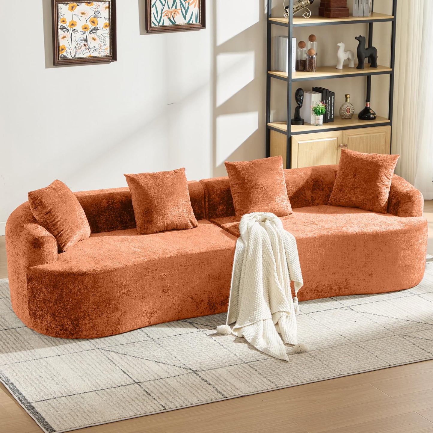 Sectional Sofa, Curved Cloud Sofa Couch, Chenille Full Sponge Chaise for Living Room, Apartment (Orange, 110 Inch)