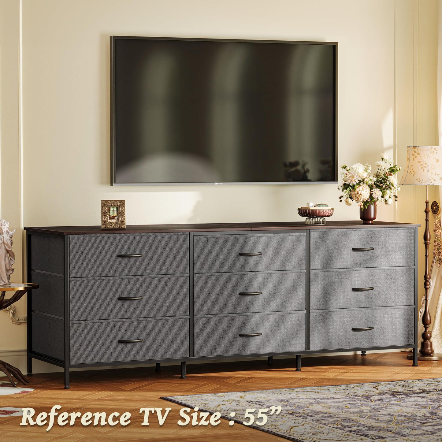 Huuger 63 Inch Dresser for Bedroom, Dresser for Closet with 9 Fabric Drawers, Large TV Stand for 55, 65, 70 Inch TV, Entertainment Center with Storage, Wide Long Chest of Drawers, Walnut and Dark Grey