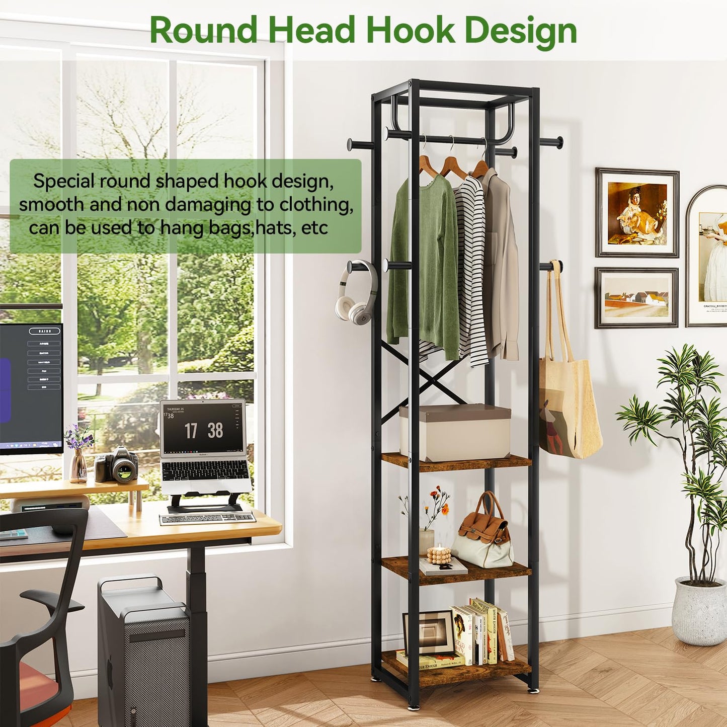 IBUYKE Coat Rack with Shelves, Freestanding Hall Tree with 3 Shelves and 8 Hooks, Industrial Clothes Stand for Entryway, Hallway, Bedroom, Rustic Brown UTMJ088H