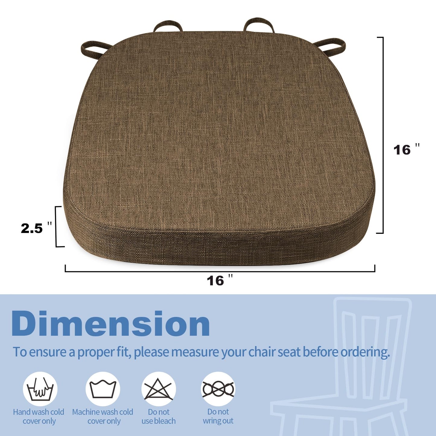 BUYUE Thickened 2.5" Friendly Woven Fabric Dining Chair Cushion, U-Shape High Density Foam Comfortable Chair Pad for Kitchen, Slip Resistant Indoor Seat Cushion (1 Piece, Brown)