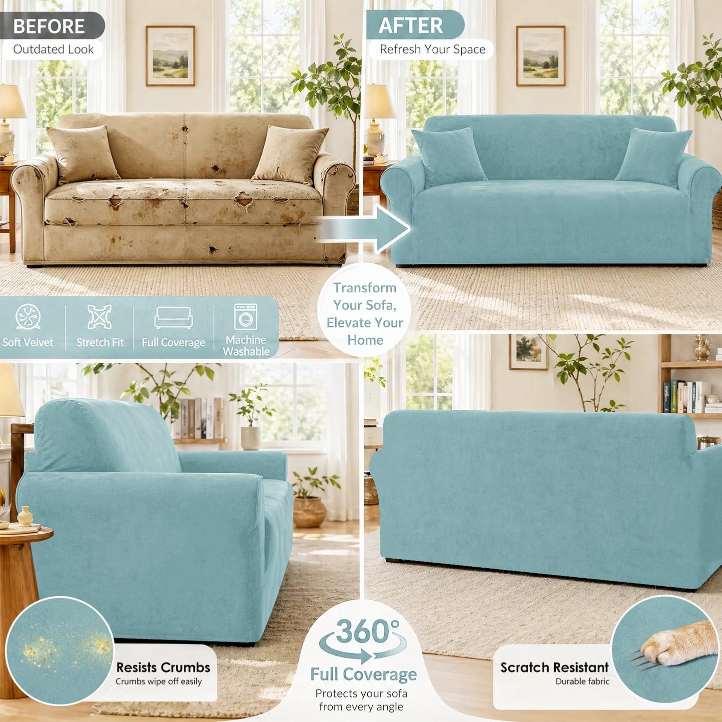 YEMYHOM Real Velvet Couch Covers for 2 Cushion Couch High Stretch 1 Piece Loveseat Slipcover for Pets Dogs Anti Slip Love Seat Sofa Slipcover Furniture Protector (55"-69", Dusty Blue)
