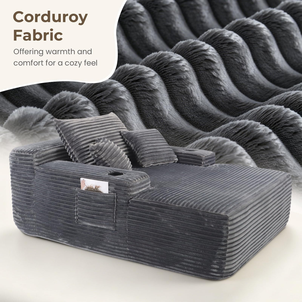 Yafylly 65" Oversized Boneless Chaise Lounge Chair Indoor, Corduroy Sleeper Bed with No Assembly for Living Room, Bedroom, Reading Nook, Lounge, Grey