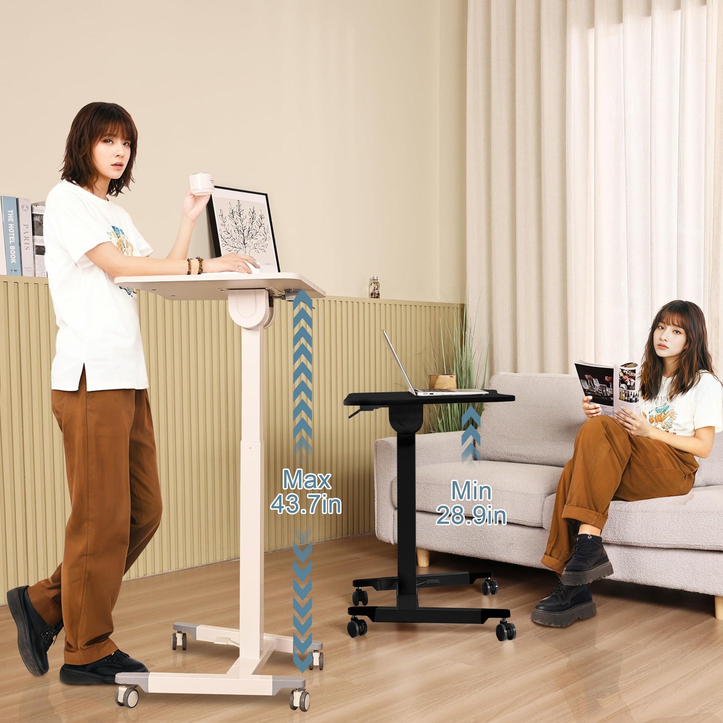 Fromann Mobile Standing Podium Desk Laptop Sit to Stand Height Adjustable Workstation with Wheels,Gas Spring Lift Mechanism Desk (White)