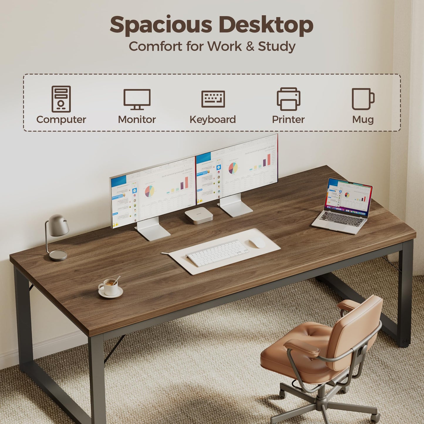 Mericonia 40 Inch Computer Desk, 1" Thick Modern Simple Study Writing Table, Heavy Duty Industrial Office Desk for Home Bedroom Workstation, Walnut