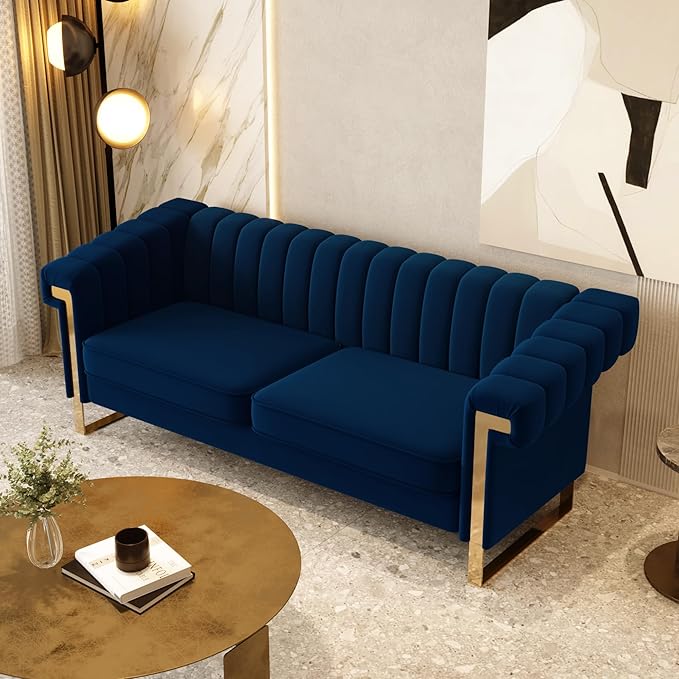Mid-Century Modern Blue Velvet Sofa