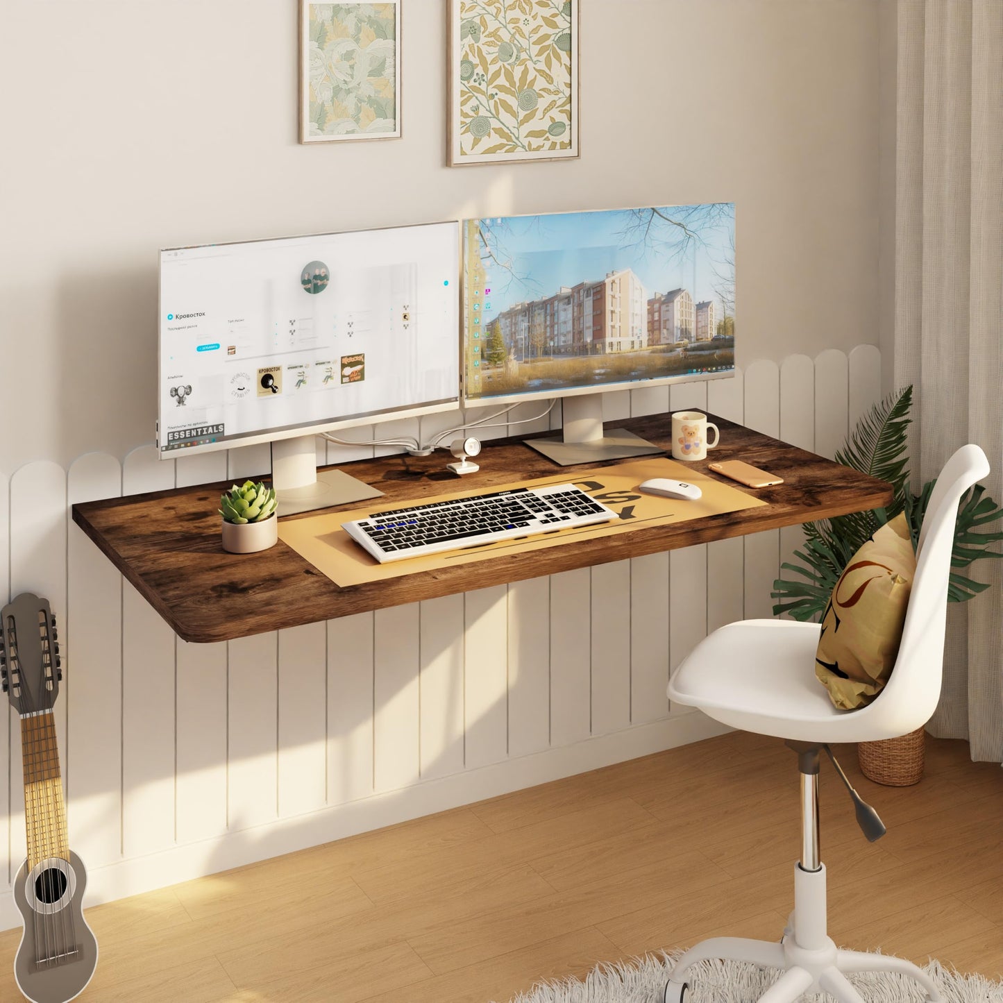 IAE Wall Mounted Floating Foldable Desk, 36" x 22" Folding Computer Workstation Table with Engineered Wood and Metal Shelf Brackets,Fold&Floating Design for Home Office, Apartment,Laundry Room,Rustic