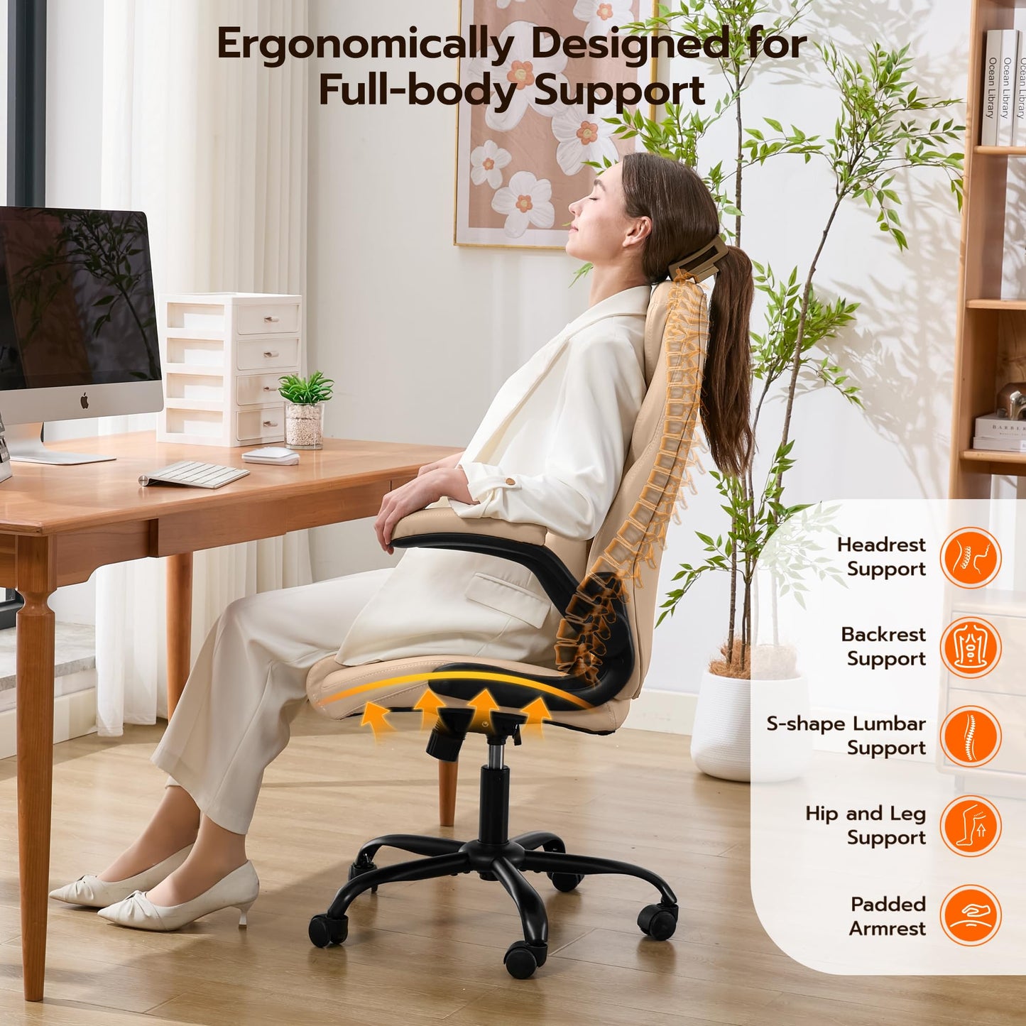Ylzyxal Office Desk Chair, Ergonomic Computer Chair with Padded Flip-Up Arms and Adjustable Lumbar Support, PU Leather Executive Chair with Tilt Lock and 360° Swivel Rolling Wheels for Work, Study