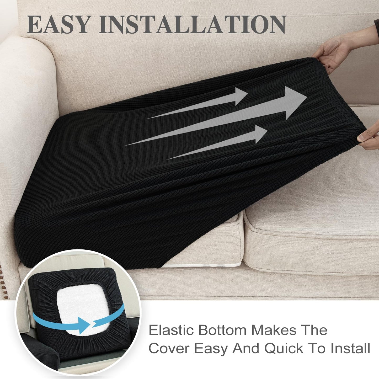 LA MEACK Couch Cushion Covers for Sectional Sofa L Shape Washable Separate Seat Chaise Couch Cover Stretch Sofa Slipcovers with 2 Pcs Pillowcases(3 Seater + 1 Chaise, Black)