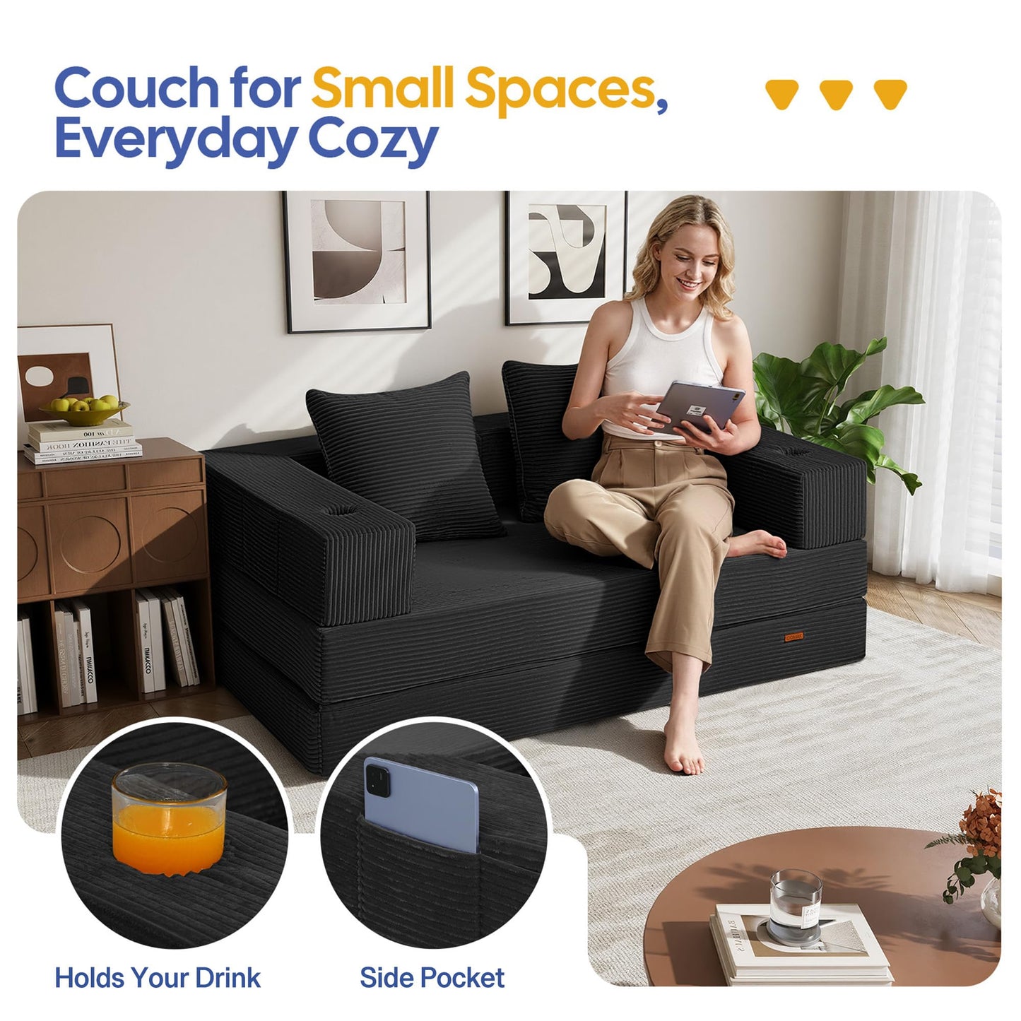 COMAX Futon Sofa Bed, 4‑in‑1 Convertible Sofa Bed, Folding Boneless Couches