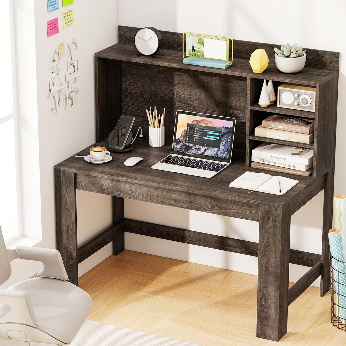 Tangkula Computer Desk with Hutch & Charging Station, Home Office Writing Study Desk with Storage Shelves, Cable Management Hole, Laptop Desk, Desk for Bedroom, Computer Workstation (Gray Oak)
