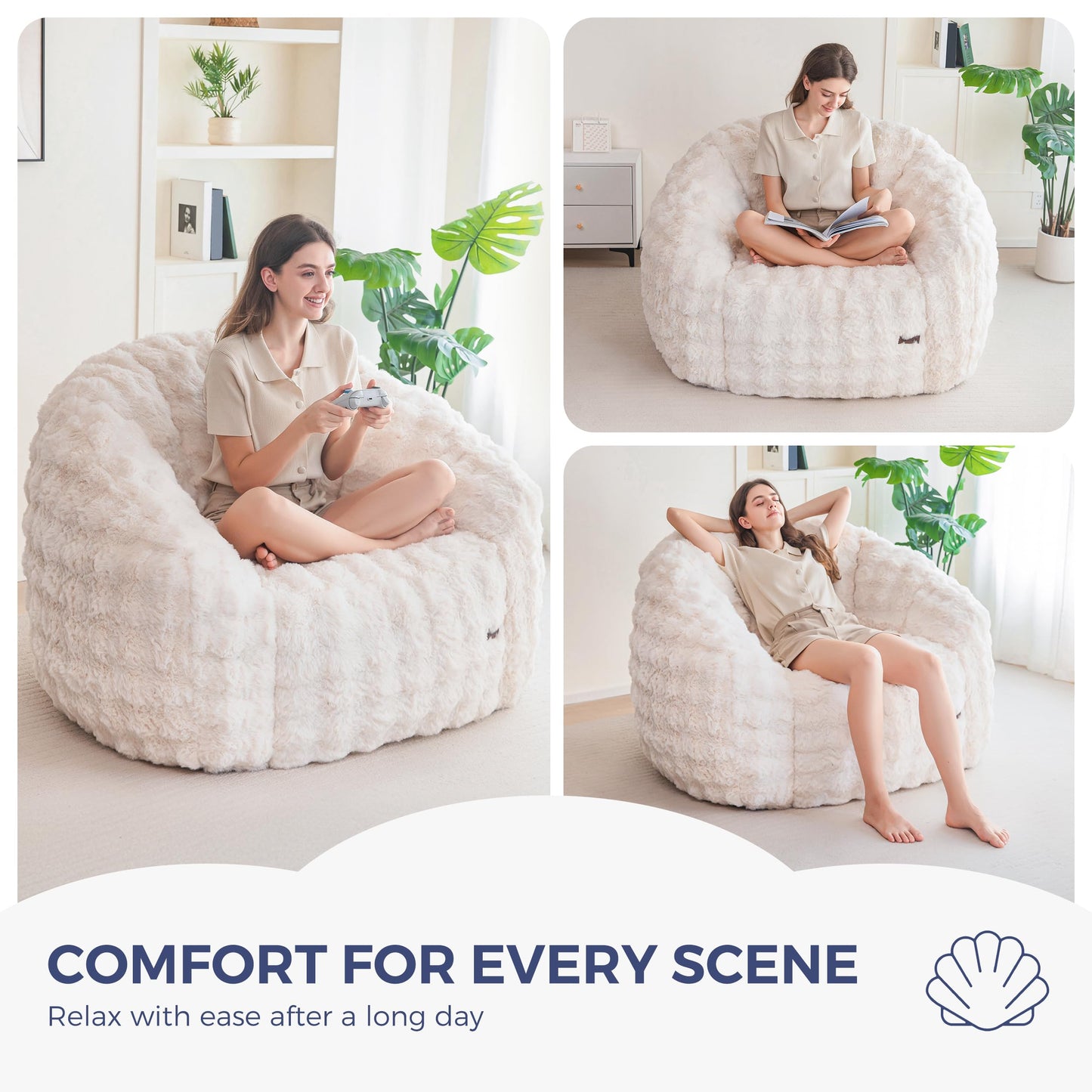 MAXYOYO Giant Bean Bag Chair for Adults, Stuffed Shell-Shaped Large Bean Bag Couch, Cozy Living Room Chair with Filler, Floor Sofa Lazy Sofa for Bedroom Living Room, Beige