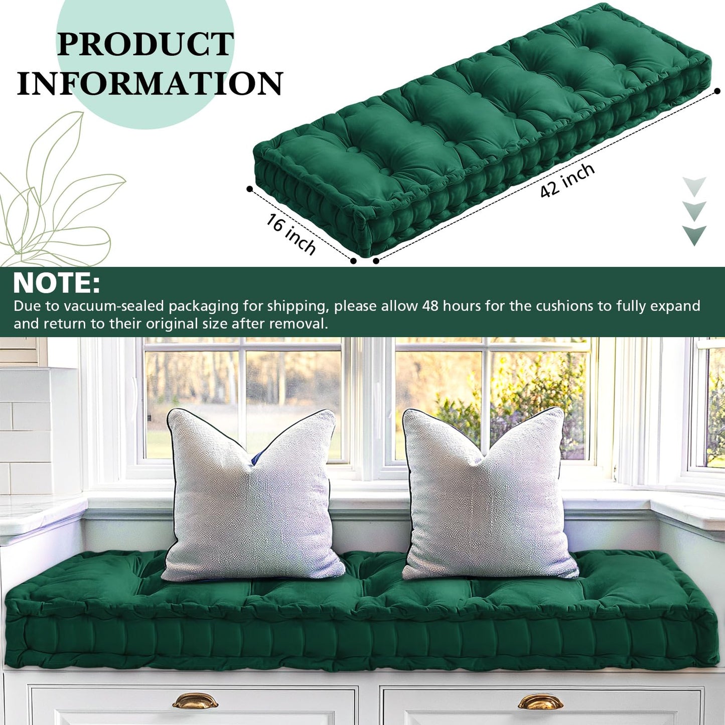 Threehoney Bench Cushions for Indoor Furniture 42x16 in Velvet Kitchen Dining Piano Window Seat Cushion, Tufted Patio Porch Swing Thicken Bench Pad Memory Foam for Christmas Home Decor(Dark Green)
