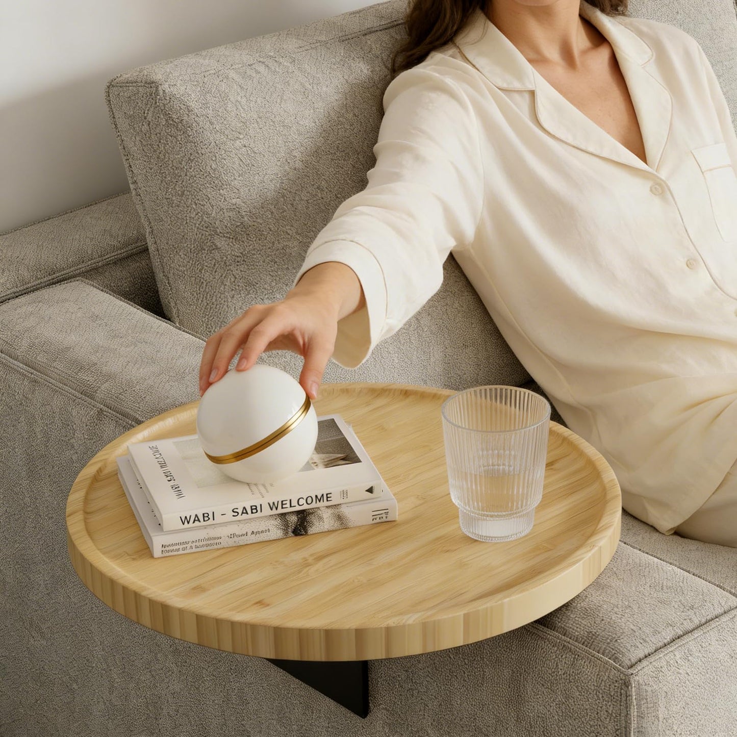 Semjar Bamboo Couch Arm Tray,12'' Space Adjustable Sofa Arm Table,Round Chair Arm Table Sofa Armrest Tray for Thin & Wide Couches Arm,Snack Armchair Couch Caddy