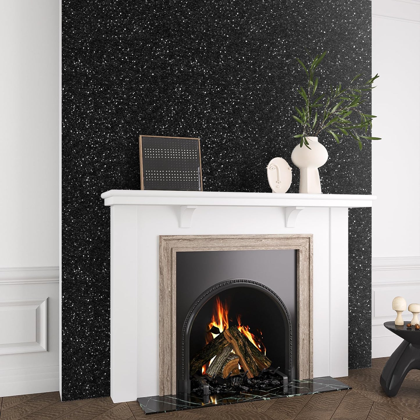 VEELIKE Luxury Black Chunky Glitter Peel and Stick Wallpaper 15.7''x354'' Self Adhesive Black Sequin Wallpaper for Bedroom Accent Wall Removable Glitter Fabric Vinyl Roll for Room Decor Furniture