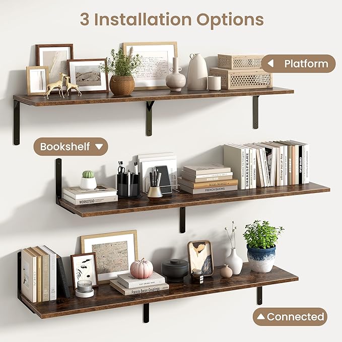 Fun Memories Rustic Brown 12 Inch Deep Floating Shelves Set of 2, Wall Mounted