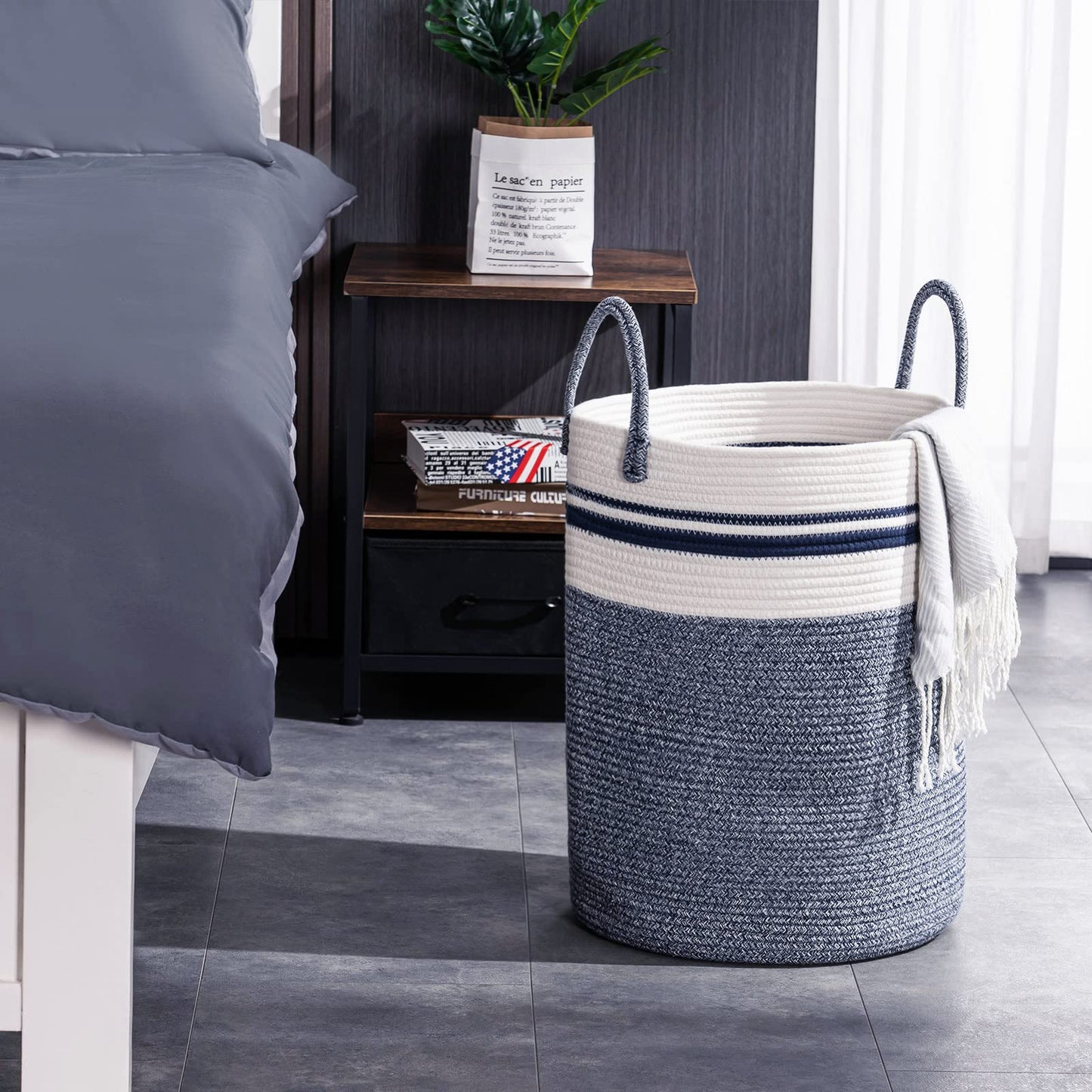 Woven Rope Laundry Hamper Basket by YOUDENOVA, 58L Tall Luandry Basket, Baby Nursery Hamper for Blanket Storage in Bedroom-Large-Blue