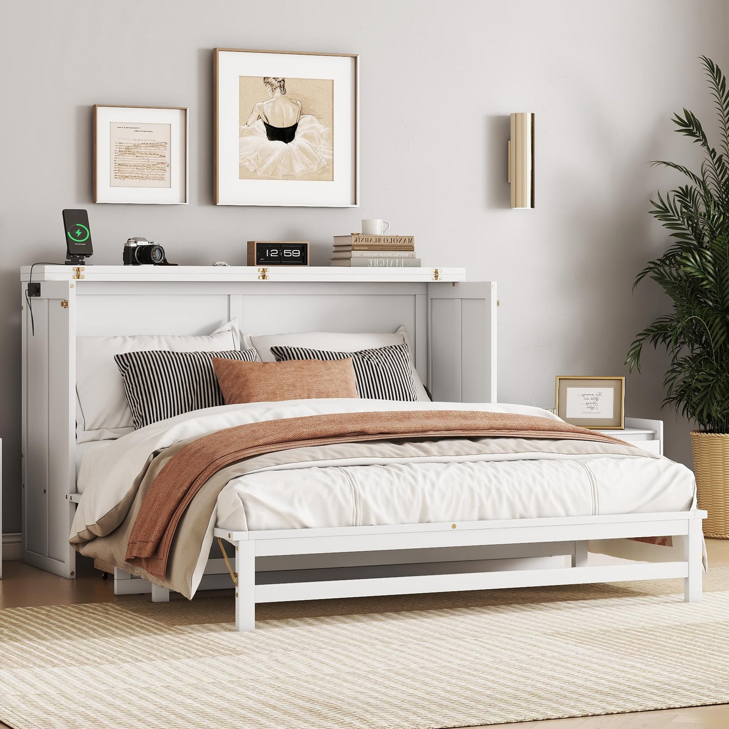 KEIKI Queen Murphy Bed Cabinet with Storage Drawer and Charging Station, USB Port, Solid Pine Murphy Bedframe for Home Office, Studio or Guest Room,White