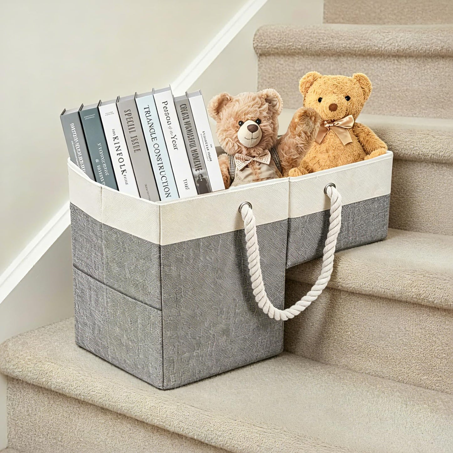 Gachiwar Stair Basket, 16 x 10 x 8 Inches Stair Basket for Stairs with Handle, Clothes Storage Bins, Foldable Staircase Storages Organizer, Versatile Sturdy Bag for Toys, Clothes, Books, Tools (Gray)