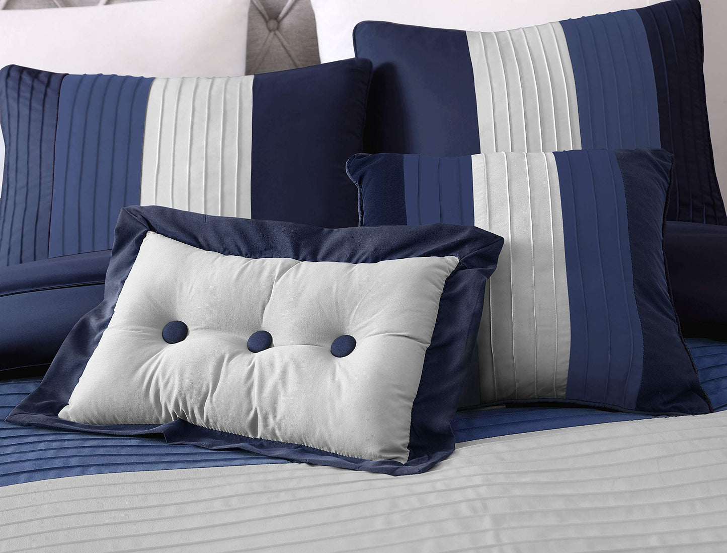 Chezmoi Collection Loft 8-Piece Luxury Striped Comforter Set (Full, Navy/Gray/Blue)