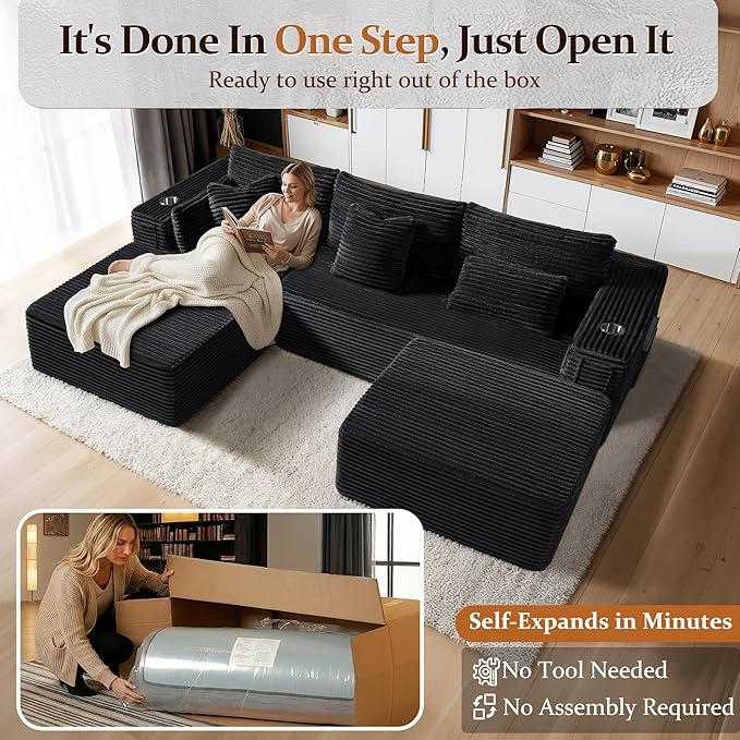 108" Oversized Cloud Sectional Couch, Comfort U Shaped Boneless Couch