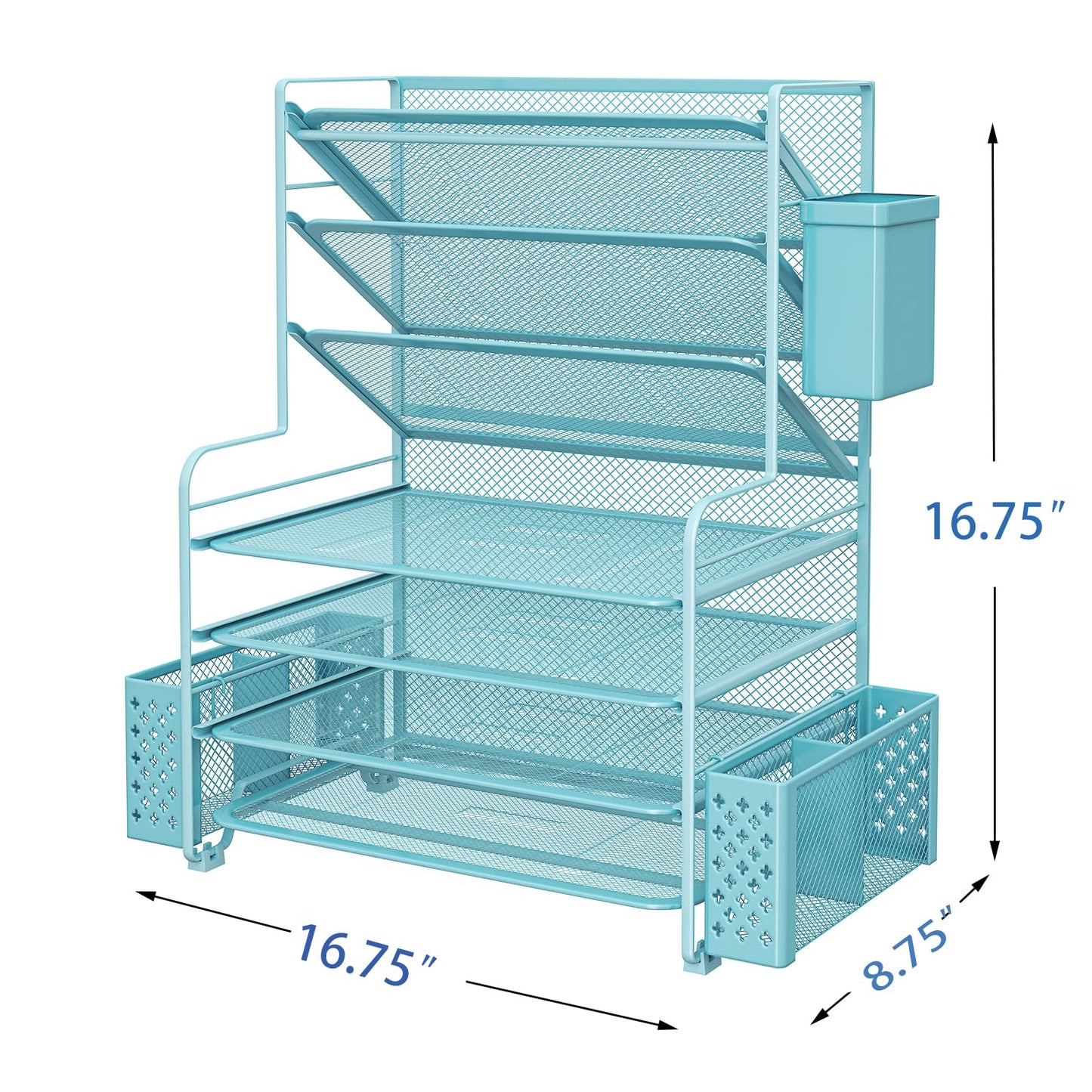 Simple Trending 7 Tier Desk File Organizer, Letter Tray Paper Organizer with Pen Holder and Metal Hanging Basket, Blue
