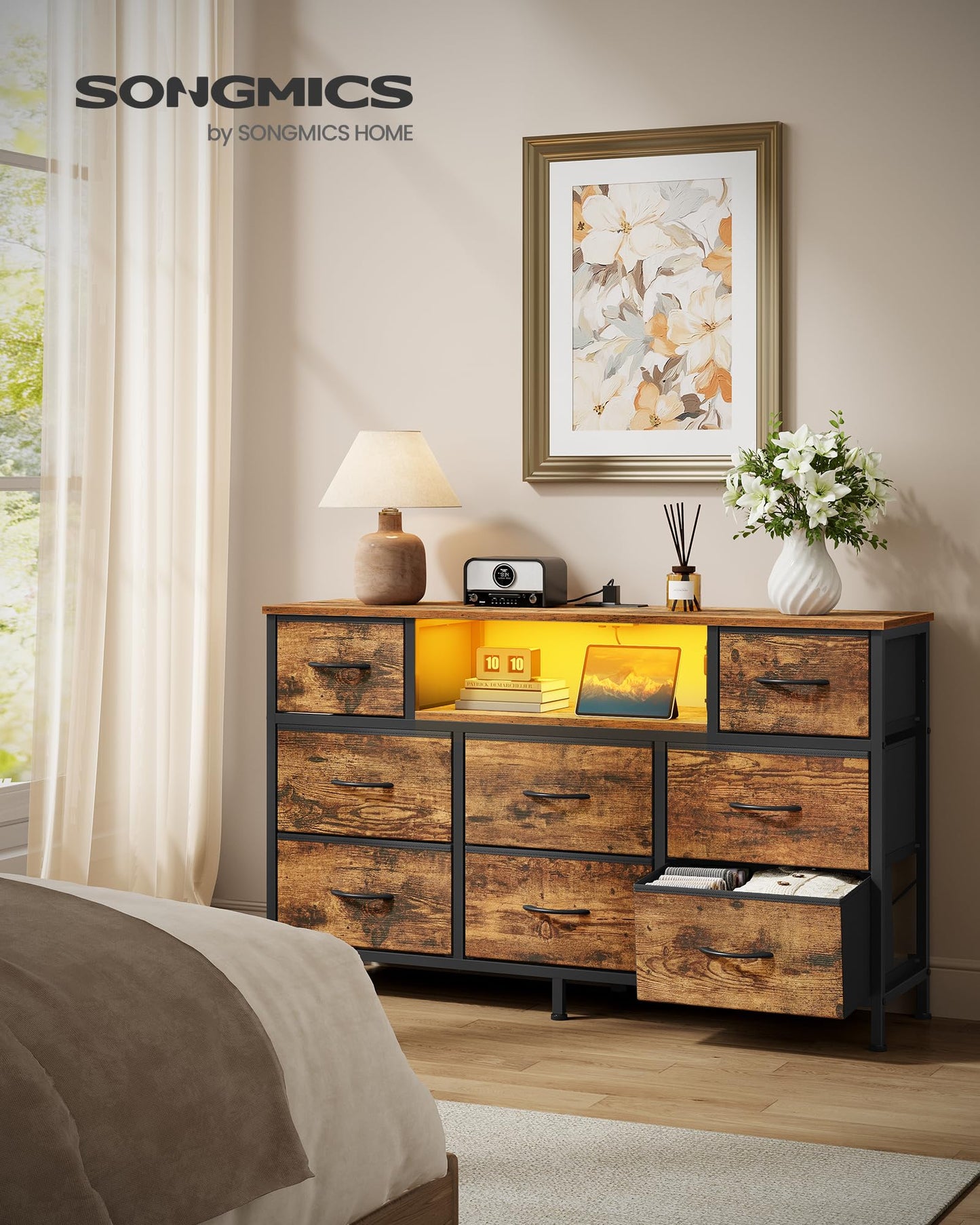 SONGMICS BELLAH Collection - Dresser for Bedroom with Outlets and LED Lights, TV Stand for TVs Up to 55 Inches, Chest of Drawers, 8 Drawers, Steel, Industrial, Rustic Brown and Ink Black ULGS433KD02S