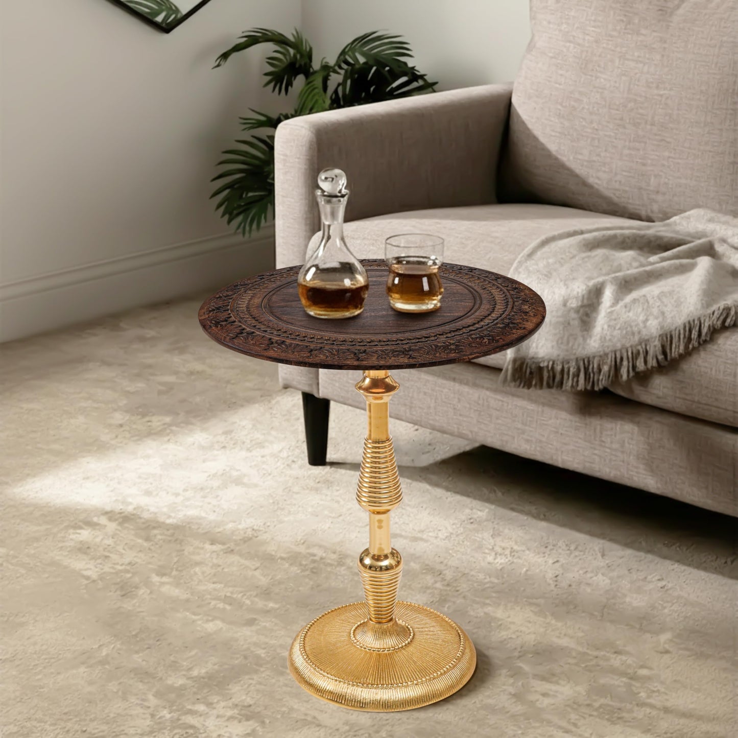 Alpha Living Home Rustic Wooden Top Side Table - Round Side Table, Modern Accent Nightstand with Aluminum Leg for Living Room, Bedroom, Corners, and Office 18x21 (Brown Gold)