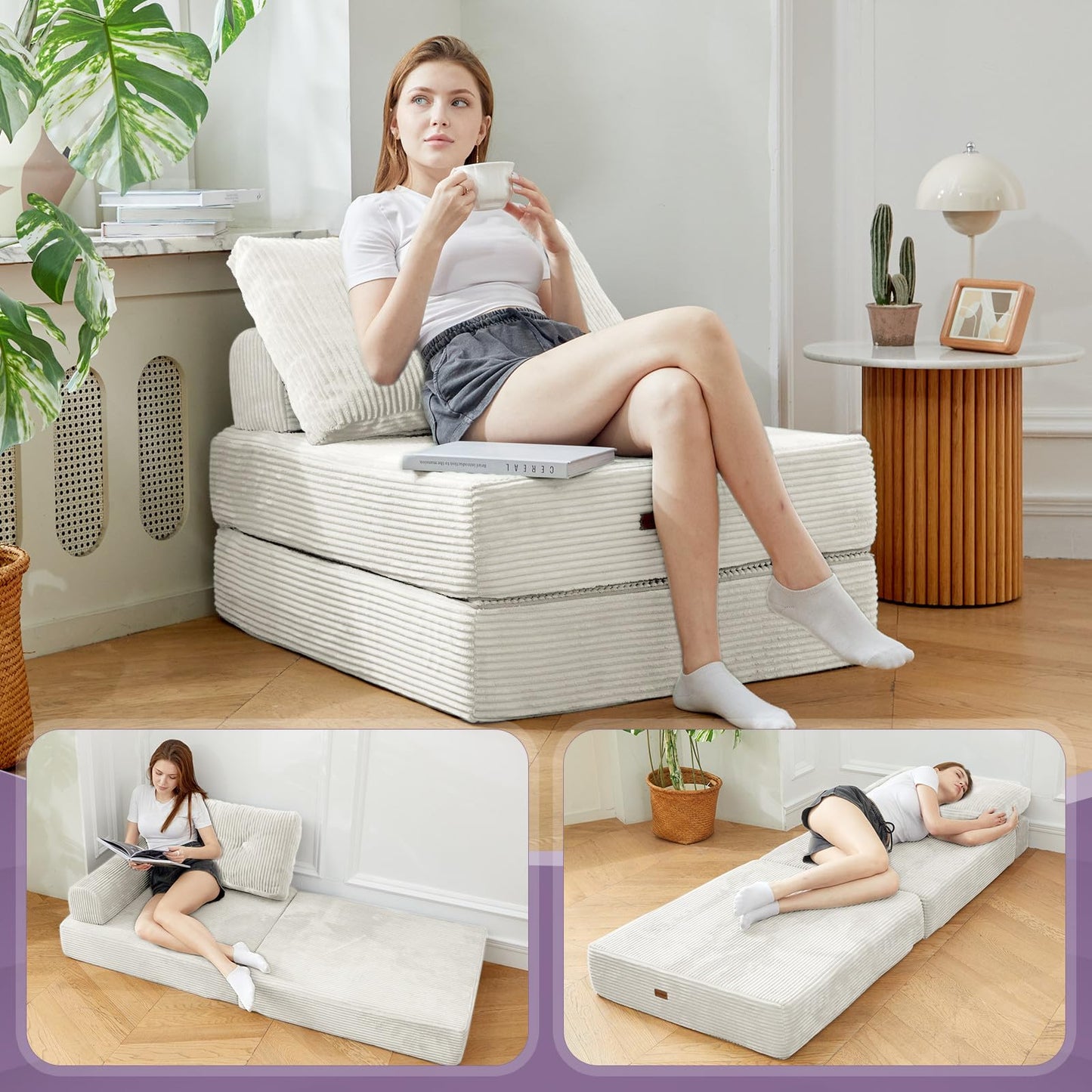 PIASHJOY Folding Sofa Bed Chair, Sleeper Chair for Adults with High-Density Foam and Pillow,Portable 3 in 1Folding Chair Bed for Living Room、Apartment 、Hotel,Single, Creamy Apricot