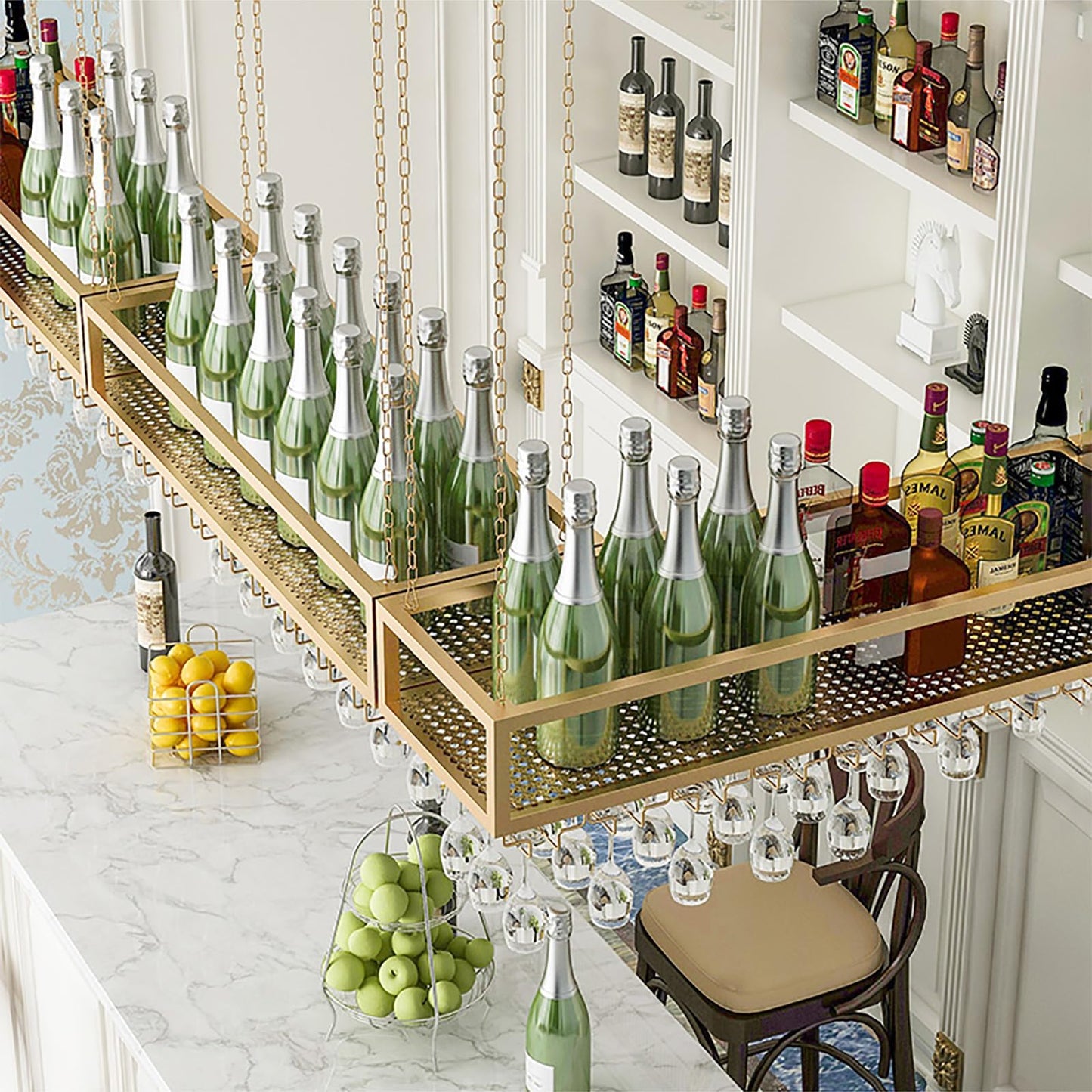Hanging Wine Rack,Ceiling Wine Glass Rack,Adjustable Height,Iron Wine Rack,Gold,Wine Storage Display Rack,Wall-Mounted Wine Glass Rack Perfect for Bar Cafe Kitchen,Easy to Install