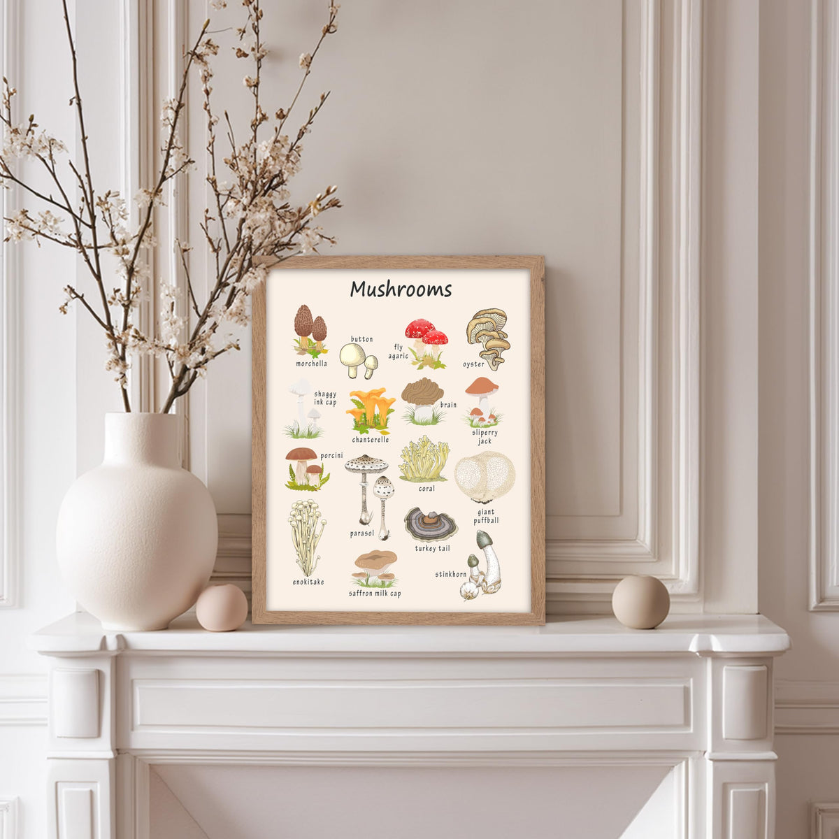 Poster Master Mushroom Print - Botanical Poster - Learning Materials Art - Educational Wall Design - Gift for Students & Teacher - Decor for Classroom, Library or Nursery - 11x14 Beige Framed