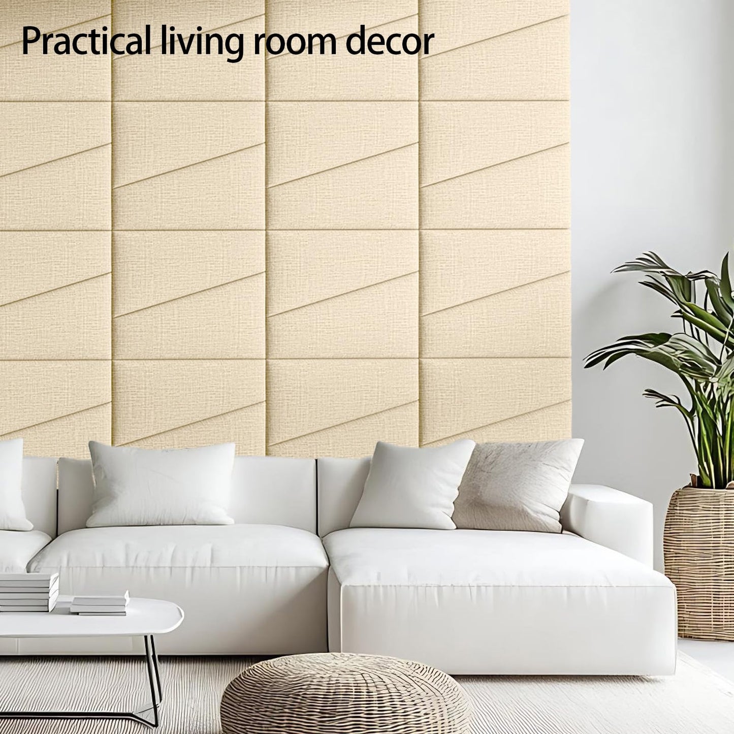 peaudny Peel and Stick Headboard for King Bed Linen Fabric Upholstered Wall Mounted Headboard - Wall Padding Panel in Beige for Bedroom/Living Room/Dorm (8 Panels)