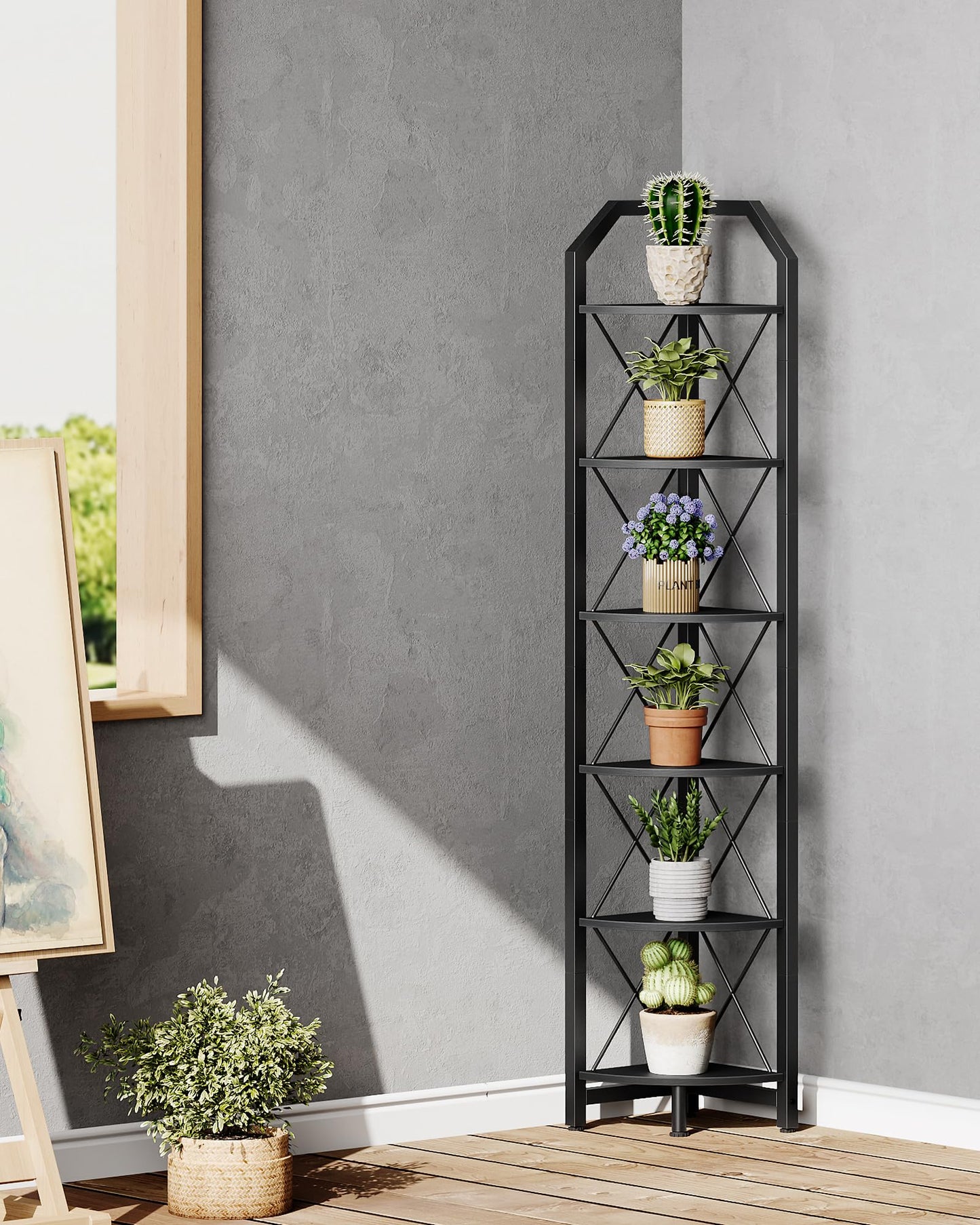 CHOEZON 6-Tier Corner Shelf, Industrial Corner Bookshelf, 71.2" Display Storage Stand, Plant Stand Display Shelf, Tall Bookcase for Bedroom, Living Room, Home Office, Black TCJ11BB