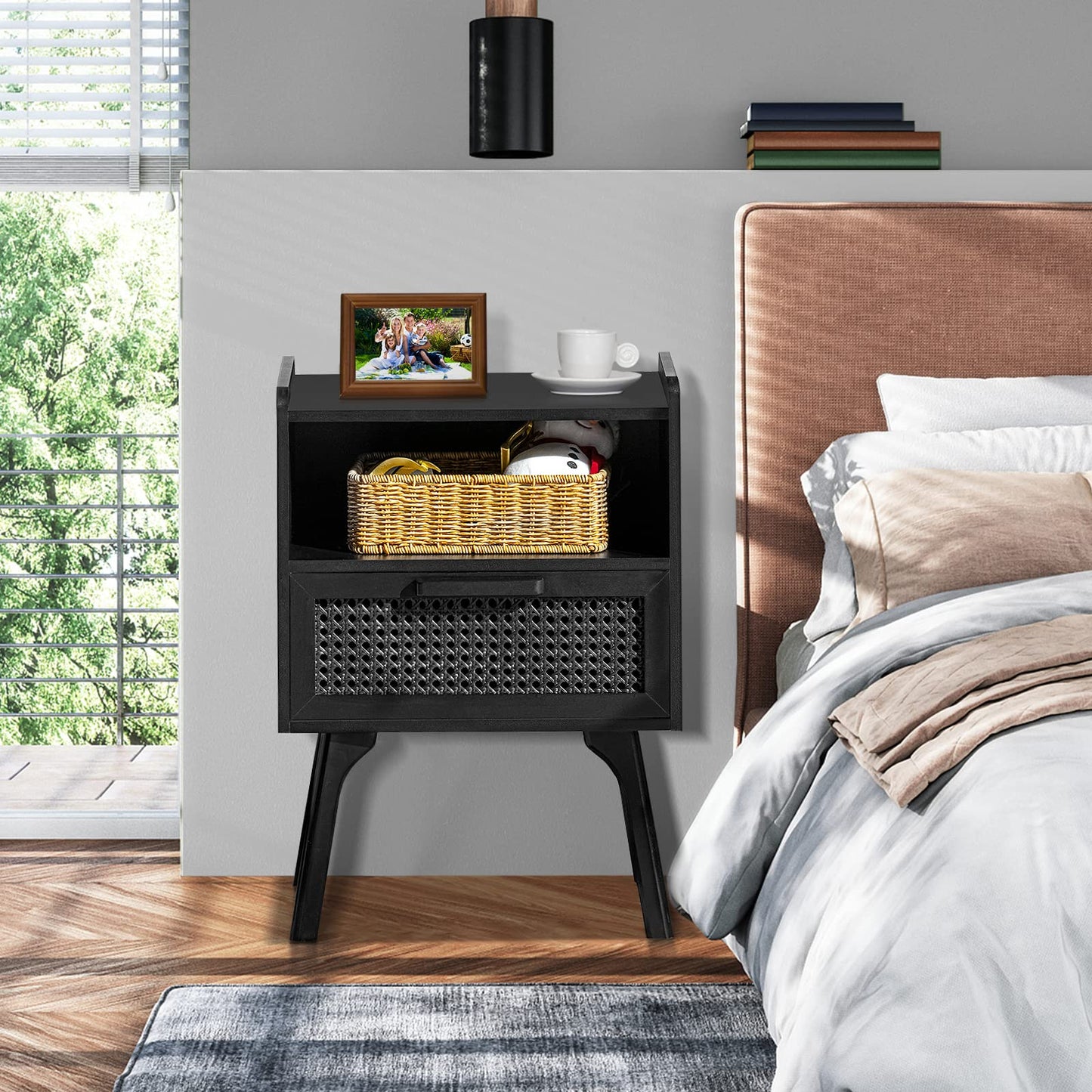 Lerliuo Rattan Nightstands Set of 2, Boho Side Table with Drawer Open Shelf, Cane Accent Bedside End Table with Solid Wood Legs for Bedroom, Dorm and Small Spaces (Black)