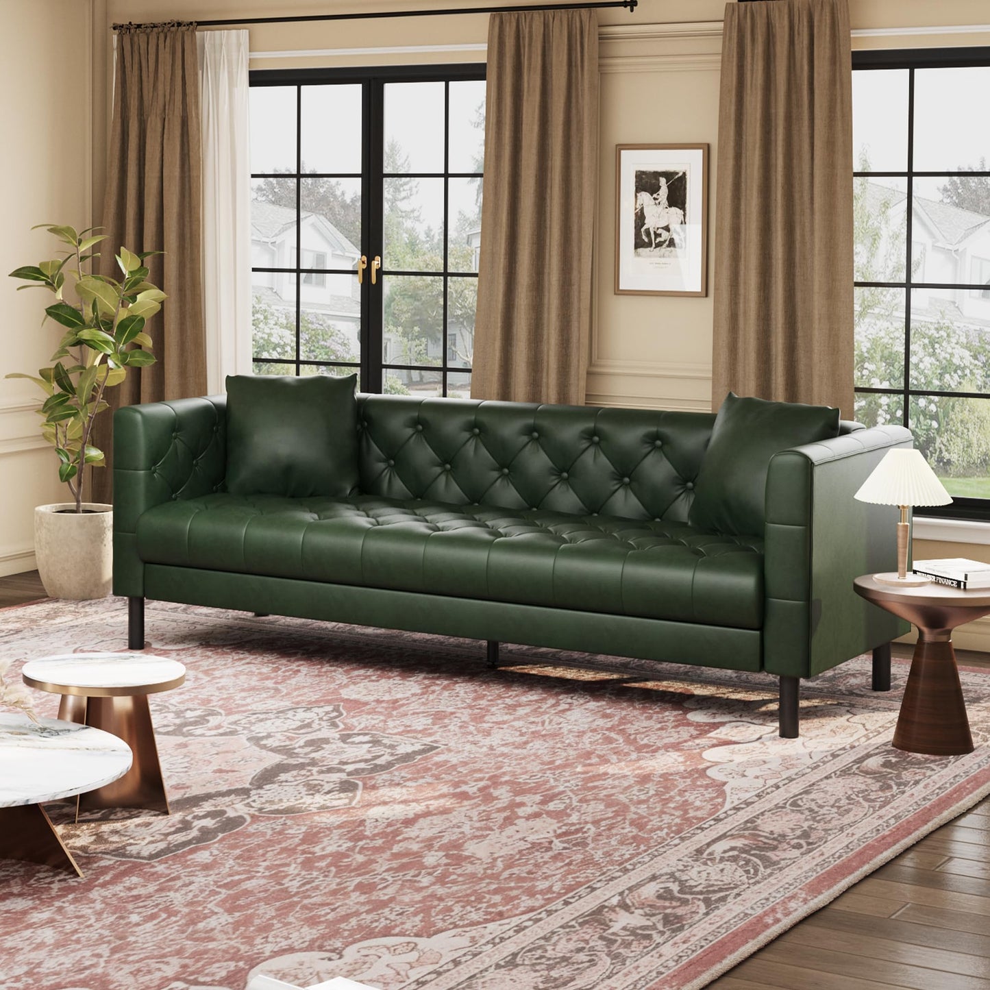 GarveeHome 81 in Leather Couch for Living Room, Modern Sofa Couch with Deep Seat, Handmade Button Tufted 3 Seater Sofa, Leather Sofa for Apartment, Office, Green