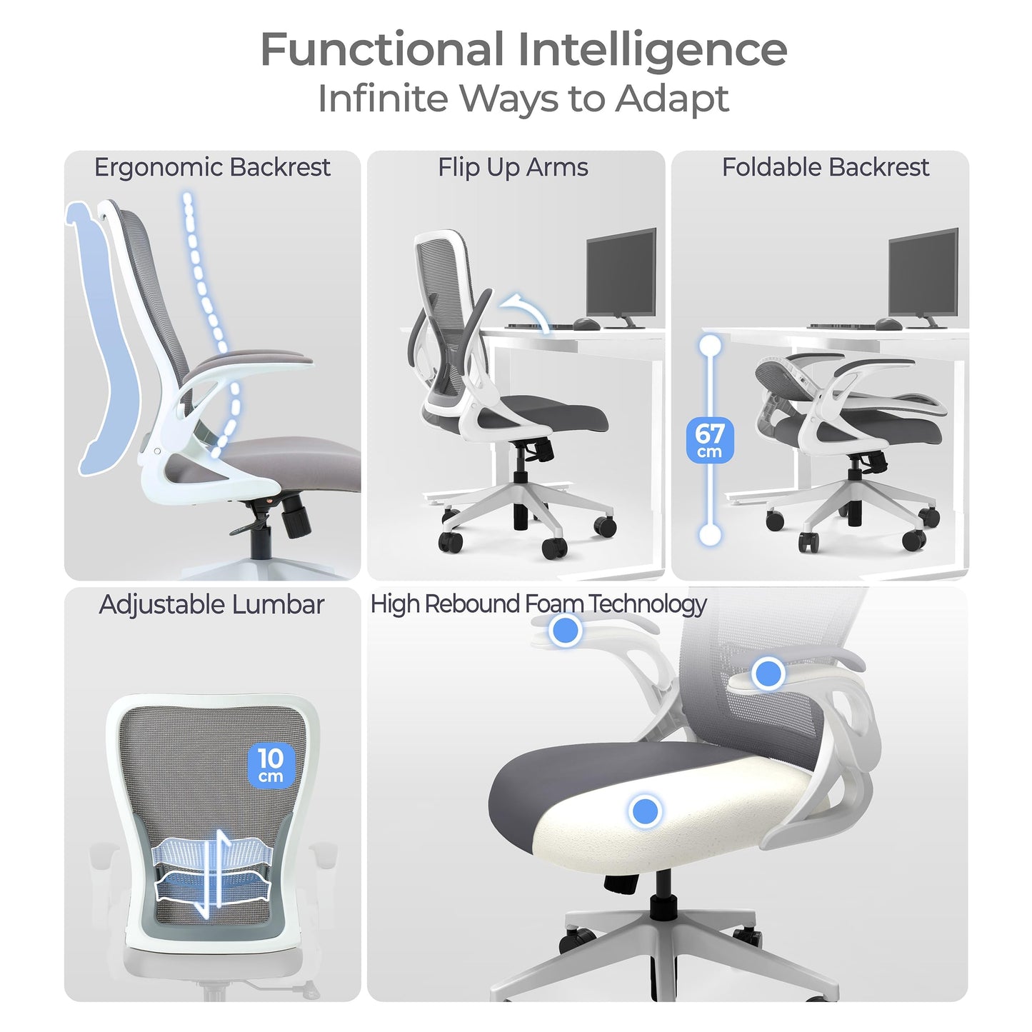 Tervo Model U | Folding Office Chair for Small Spaces | Gaming Chair for Adults & Kids | Ergonomic Mesh Computer Chair for Bedroom | Foldable Desk Chair for Home Work (White & Grey)