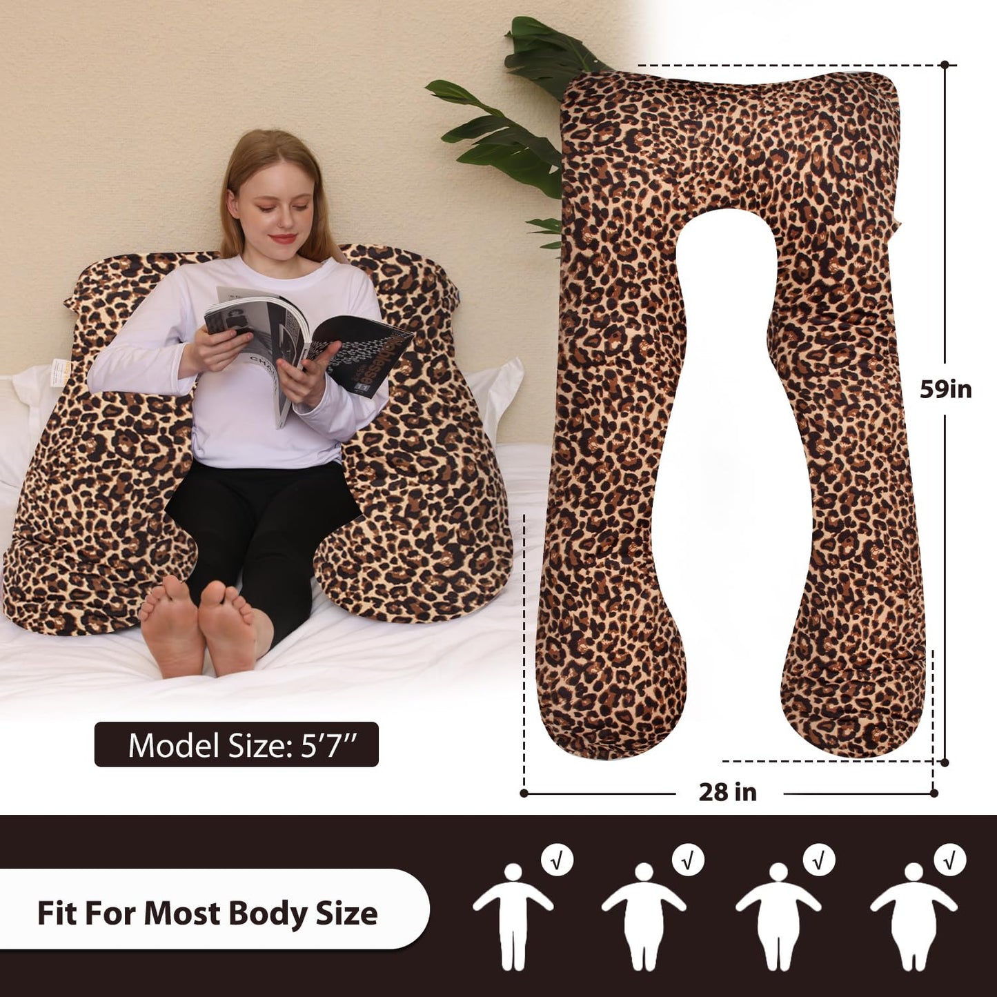 Chilling Home Pregnancy Pillows, U Shaped Maternity Pillow for Pregnant Women with Velvet Removable Cover, 55 inch Pregnancy Pillows for Sleeping, Body Pillows for Adults Full Support, Leopard Print