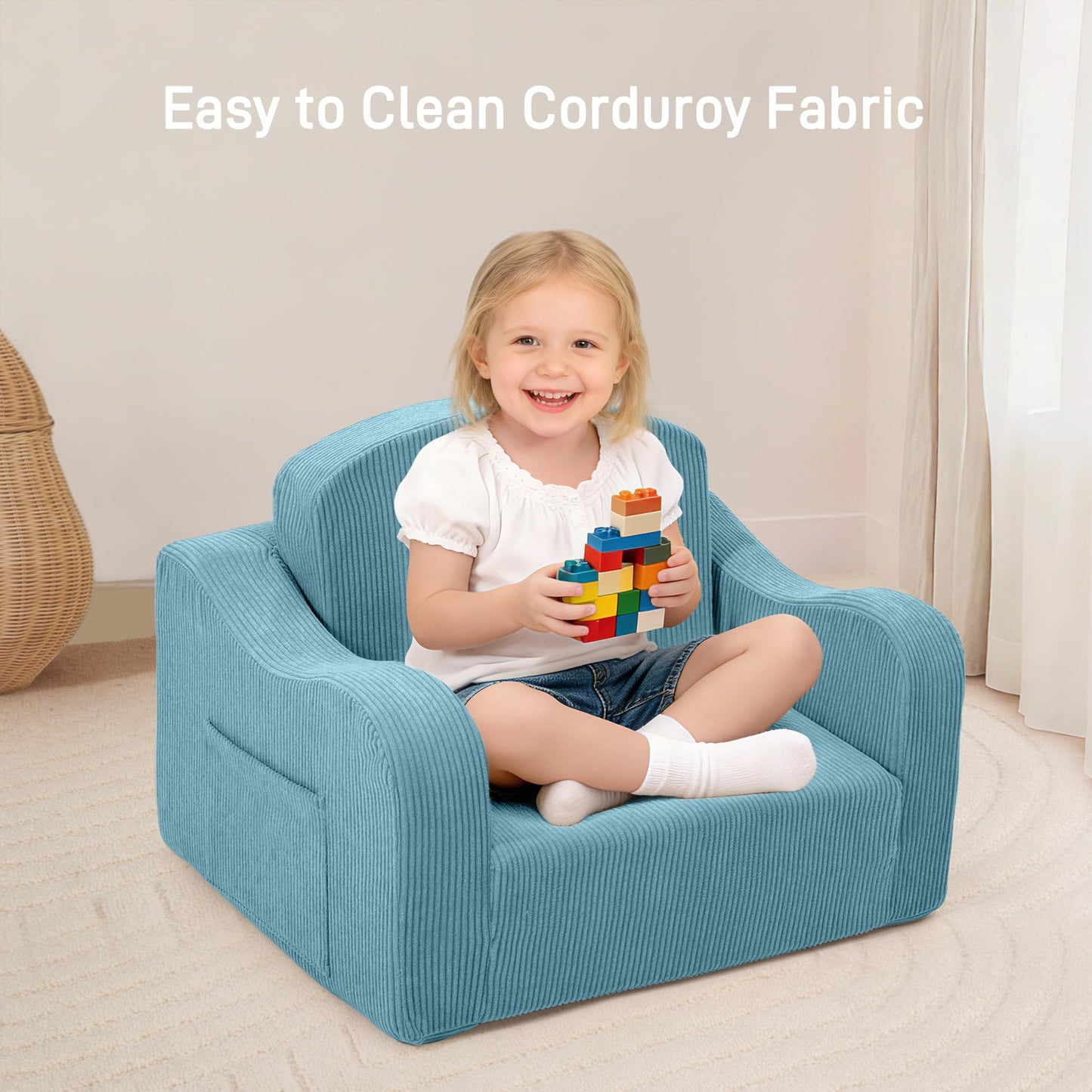 aodisman 2-in-1 Kids Chair and Couch, Thick Cozy Corduroy Kids Sofa, Convertible Foam Seating for Reading, Playing, Removable Washable Cover,Blue