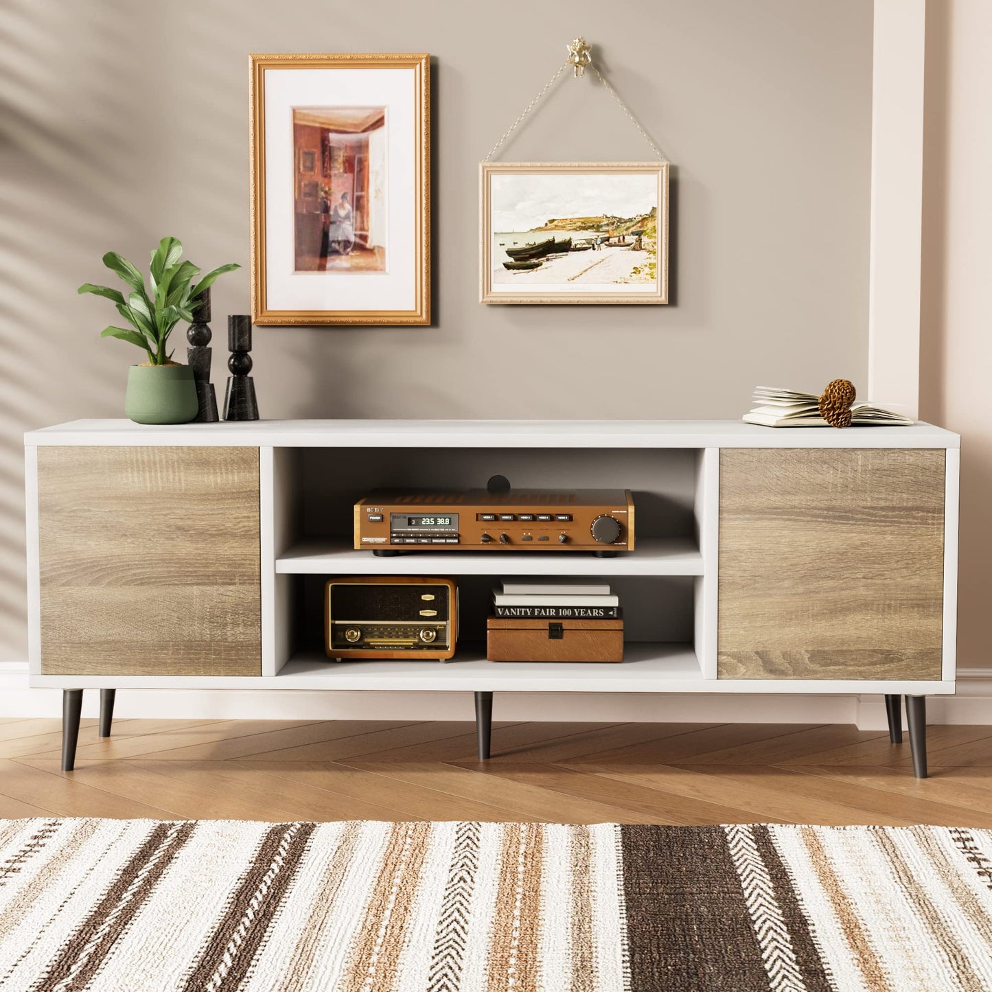 JUMMICO TV Stand for 65 Inch TV, Mid Century Modern TV Stand, Entertainment Center with Storage Cabinet and Open Shelves, TV Console Table Media Cabinet for Living Room, and Bedroom (Oak)
