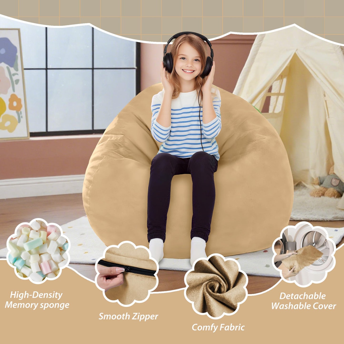 lilanoon 2FT Bean Bag Chair with Ultra Soft Velvet Cover Bean Bag Sofa with Memory Foam Bean Bag Chairs with Large Size Lazy Sofa for Dorm Office Living Room Bedroom Khaki 2'